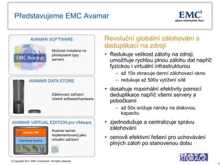 Představujeme EMC Avamar


                 AVAMAR SOFTWARE                               Revoluční globální zálohování s
                                                               deduplikací na zdroji
                                    Možnost instalace na
                                    předepsané typy             Redukuje velikost zálohy na zdroji,
                                    serverů                      umožňuje rychlou plnou zálohu dat napříč
                                                                 fyzickou i virtuální infrastrukturou
                                                                   – až 10x zkracuje denní zálohovací okno
                AVAMAR DATA STORE                                  – redukuje až 500x vytížení sítě
                                                                dosahuje maximální efektivity pomocí
                                    Zálohovací zařízení          deduplikace napříč všemi servery a
                                    včetně software/hardware
                                                                 pobočkami
                                                                   – až 50x snižuje nároky na diskovou
                                                                     kapacitu
 AVAMAR VIRTUAL EDITION pro VMware                              zjednodušuje a centralizuje správu
                                    Avamar server
                                                                 zálohování
           Avamar VM
                                    implementovaný jako
       Operating System             virtuální zařízení          cenově efektivní řešení pro uchovávání
                                                                 plných záloh po stanovenou dobu


© Copyright 2011 EMC Corporation. All rights reserved.
                                                                                                             4
 