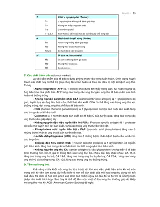 Beänh lyù U 93
T
Tx
T0
Tis
T1,2,3,4
Khoái u nguyeân phaùt (Tumor)
U nguyeân phaùt khoâng theå ñaùnh giaù ñöôïc
Khoâng tìm thaáy u nguyeân phaùt
Carcinoâm taïi choã
Kích thöôùc u vaø/ hoaëc möùc ñoä lan roäng taïi choã taêng daàn
N
Nx
N0
N1,2,3
Haïch baïch huyeát vuøng (Nodes)
Haïch vuøng khoâng ñaùnh giaù ñöôïc
Khoâng thaáy di caên haïch vuøng
Soá haïch bò di caên taêng daàn
M
Mx
M0
M1
Di caên xa (Metastasis)
Di caên xa khoâng ñaùnh giaù ñöôïc
Khoâng thaáy di caên xa
Coù di caên xa
C. Caùc chaát ñaùnh daáu u (tumor marker):
Laø caùc saûn phaåm cuûa teá baøo u ñöôïc phoùng thích vaøo trong tuaàn hoaøn. Ñònh löôïng huyeát
thanh caùc chaát naøy coù theå trôï giuùp coâng taùc chaån ñoaùn vaø theo doõi ñieàu trò moät soá beänh ung thö.
Thí duï:
- Alpha fetoprotein (AFP) laø 1 protein phoâi ñöôïc tìm thaáy trong gan, tuùi noaõn hoaøng vaø
oáng tieâu hoaù cuûa phoâi thai. AFP taêng cao trong caùc ung thö gan, ung thö teá baøo maàm cuûa tinh
hoaøn vaø buoàng tröùng
- Khaùng nguyeân carcinoâm phoâi CEA (carcinoembryonic antigen) laø 1 glycoprotein do
gan, tuyeán tuïy vaø oáng tieâu hoaù cuûa phoâi thai saûn xuaát. CEA coù theå taêng cao trong ung thö vuù,
buoàng tröùng, ñaïi traøng, ung thö phoåi loaïi teá baøo nhoû.
- HCG (human chorionic gonadotropin) laø 1 glycoprotein do hôïp baøo nuoâi saûn xuaát, taêng
cao trong caùc u teá baøo nuoâi
- Calcitonin laø 1 hormoân ñöôïc saûn xuaát bôûi teá baøo C cuûa tuyeán giaùp, taêng cao trong caùc
ung thö tuyeán giaùp daïng tuûy
- Khaùng nguyeân ñaëc hieäu tuyeán tieàn lieät PSA ( Prostate specific antigen) laø 1 protease
do bieåu moâ tuyeán tieàn lieät saûn xuaát, taêng cao trong ung thö tuyeán tieàn lieät.
- Phosphatase acid tuyeán tieàn lieät - PAP (prostatic acid phosphatase) taêng cao ôû
nhöõng beänh nhaân bò ung thö di caên tuyeán tieàn lieät.
- Lactate dehydrogenase (LDH) taêng cao ôû nhöõng beänh nhaân beänh baïch caàu, u haéc toá,
caùc limphoâm.
- Enolase ñaëc hieäu nôron NSE ( Neuron specific enolase) laø 1 glycoprotein coù nguoàn
goác thaàn kinh, taêng cao trong caùc u thaàn kinh noäi tieát, u nguyeân baøo thaàn kinh.
- Khaùng nguyeân ung thö CA (cancer antigen) laø caùc glycoprotein khoâng thaáy ôû teá baøo
bình thöôøng neân raát coù giaù trò trong taàm soaùt ung thö. Coù nhieàu loaïi CA khaùc nhau: CA 15-3,
taêng cao trong ung thö vuù; CA 19-9, taêng cao trong ung thö tuyeán tuïy; CA 72-4, taêng cao trong
ung thö vuù vaø buoàng tröùng; CA-125, taêng cao trong ung thö buoàng tröùng.
D. Taàm soaùt ung thö:
Khaû naêng chöõa khoûi moät ung thö tuøy thuoäc raát lôùn vaøo vieäc phaùt hieän sôùm khi noù coøn
trong thôøi kyø tieàn laâm saøng. Söï hieåu bieát roõ hôn veà baûn chaát cuûa moãi loaïi ung thö cuøng vôùi keát
quaû ñieàu tra dòch teã hoïc cho pheùp xaùc ñònh caùc nhoùm nguy cô cao ñeå töø ñoù tìm ra nhöõng bieän
phaùp taàm soaùt thích hôïp. Sau ñaây laø cheá ñoä taàm soaùt moät soá loaïi ung thö thöôøng gaëp do Hieäp
hoäi ung thö Hoa kyø ACS (American Cancer Society) ñeà nghò:
 