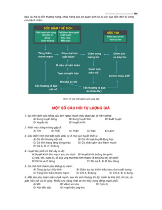 Toån thöông Huyeát quaûn-Huyeát 108
baøo vaø moâ bò toån thöông naëng, chöùc naêng caùc cô quan sinh töû bò suy suïp daãn ñeán töû vong
cho beänh nhaân.
SOÁC GIAÛM THEÅ TÍCH
Thaát thoaùt beân trong Thaát thoaùt beân ngoaøi
Noäi ñoäc toá
Boûng
Chaán thöông
Xuaát huyeát
Tieâu chaûy
Maát nöôùc
Taêng thaám
thaønh maïch
SOÁC TIM
Nhoài maùu cô tim
Vieâm cô tim
Giaûm theå tích
Tuaàn hoaøn
Giaûm cung
löôïng tim
Giaûm söùc
co boùp tim
ÖÙ maùu vi tuaàn hoaøn
Toan chuyeån hoùa
Hoâ haáp kî khí
Giaûm töôùi
maùu moâ
Cô tim thieáu ATP
Toån thöông teá baøo
noäi moâ
Toån thöông teá baøo
do thieáu Oxy
Hình 16: Cô cheá beänh sinh cuûa soác
MOÄT SOÁ CAÂU HOÛI TÖÏ LÖÔÏNG GIAÙ
1. Söï hieän dieän cuûa hoàng caàu beân ngoaøi maïch maùu ñöôïc goïi laø hieän töôïng:
A/ Sung huyeát ñoäng B/ Sung huyeát tónh C/ Xuaát huyeát
D/ Huyeát taéc E/ Huyeát khoái
2. Nhoài maùu traéng khoâng gaëp ôû:
A/ Tim B/ Phoåi C/ Thaän D/ Naõo E/ Laùch
3. Ñaëc ñieåm hình thaùi baét buoäc phaûi coù ôû moïi cuïc huyeát khoái laø:
A/ Coù toån thöông noäi moâ B/ Coù roái loaïn huyeát ñoäng hoïc
C/ Coù tình traïng taêng ñoâng maùu D/ Coù chaân gaén vaøo thaønh maïch
E/ Caû A, B, C, D ñuùng
4. Huyeát taéc phoåi coù theå xaûy ra do:
A/ Huyeát khoái tónh maïch saâu chi döôùi B/ Huyeát khoái buoàng tim phaûi
C/ Môõ, khí, nöôùc oái, teá baøo ung thö theo tónh maïch veà tim phaûi roài leân phoåi
D/ Chæ A vaø C ñuùng E/ Taát caû A, B, C ñeàu ñuùng
5. Cô cheá hình thaønh phuø khoâng do vieâm :
A/ Taêng aùp löïc thuûy tónh B/ Giaûm aùp löïc thaåm thaáu keo cuûa huyeát töông
C/ Taêng tính thaám thaønh maïch D/ Chæ A, B ñuùng E/ Chæ A, B, C ñuùng
6. Moät saûn phuï hoaøn toaøn khoeû maïnh, sau khi sinh thöôøng thì ñoät nhieân bò khoù thôû, tím taùi, co
giaät, hoân meâ vaø töû vong. Nhieàu khaû naêng nhaát seõ tìm thaáy trong ñoäng maïch phoåi:
A/ Môõ B/ Maûnh xô vöõa C/ Dòch oái
D/ Nuùt tieåu caàu E/ Huyeát taéc ung thö
 