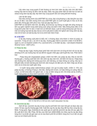 Beänh Lyù OÁng Tieâu Hoùa 173
Lôùp nieâm maïc xung quanh oå loeùt thöôøng coù hình aûnh vieâm daï daøy maõn tính (85-100%
tröôøng hôïp loeùt taù traøng vaø 65% loeùt daï daøy). Ñieàu naøy giuùp phaân bieät vôùi loeùt trôït vaø loeùt do
stress trong vieâm daï daøy caáp, lôùp nieâm maïc xung quanh vaãn coøn töông ñoái bình thöôøng.
Lieân heä laâm saøng:
Caùc trieäu chöùng chính cuûa LDDTTMT laø ôï chua, ñau vuøng thöôïng vò, ñau taêng leân sau böõa
aên vaø veà ñeâm. Caùc bieán chöùng chính cuûa LDDTTMT goàm coù xuaát huyeát gaây oùi maùu vaø ñi caàu
phaân ñen; thuûng gaây vieâm phuùc maïc; hoaù seïo gaây heïp moân vò.
LDDTTMT laø moät beänh maõn tính, dai daúng, taùi ñi taùi laïi; tuy khoâng ruùt ngaén ñôøi soáng nhöng laïi
laøm suy giaûm nghieâm troïng chaát löôïng cuoäc soáng cuûa beänh nhaân. Neáu khoâng ñöôïc ñieàu trò thì
trung bình phaûi maát 15 naêm, oå loeùt môùi coù theå laønh ñöôïc. Loeùt taù traøng khoâng bao giôø hoaù aùc;
moät vaøi tröôøng hôïp loeùt daï daøy hoaù aùc coù leõ xuaát phaùt töø bieåu moâ nghòch saûn trong vieâm daï daøy
maõn tính ñi keøm vôùi loeùt daï daøy hôn laø töø chính baûn thaân oå loeùt.
III. U DAÏ DAØY
U daï daøy thöôøng xuaát phaùt töø bieåu moââ. U thöôøng ñöôïc chia thaønh 2 nhoùm laø polyùp vaø
carcinoâm. Trong soá caùc u aùc tính ôû daï daøy, thöôøng gaëp nhaát laø carcinoâm chieám tæ leä 90-95%;
ngoaøi ra, coøn coù limphoâm (chieám 4%), carcinoid (3%), u moâ ñeäm daï daøy - ruoät (Gastro-Intestinal
Stromal Tumor - GIST) (2%).
A. Polyùp daï daøy
Polyp daï daøy ít gaëp, thöôøng ñöôïc phaùt hieän moät caùch tình côø trong khi laøm noäi soi daï daøy
(khoaûng 2-3% caùc tröôøng hôïp noäi soi) ñeå tìm nguyeân nhaân gaây xuaát huyeát tieâu hoaù. Phaân bieät 2
loaïi:
- Polyp taêng saûn (hyperplastic polyp): chieám hôn 90% caùc polyùp daï daøy. Ñaây laø moät toån
thöông giaû u, thöôøng xuaát hieän treân neàn vieâm daï daøy maõn tính, raát hieám khi hoaù aùc. Polyùp taêng
saûn thöôøng nhoû, ñöôøng kính khoâng quaù 2cm, beà maët laùng, coù hoaëc khoâng coù cuoáng. Caáu taïo vi
theå goàm bieåu moâ beà maët taêng saûn laønh tính; beân trong laø moâ ñeäm phuø neà, thaám nhaäp caùc teá baøo
vieâm vaø coù chöùa caùc tuyeán giaõn roäng.
- U tuyeán daïng polyùp (adenomatous polyp): coøn goïi laø polyùp tuyeán, chieám 5 -10% caùc
polyùp daï daøy. U thöôøng ôû hang vò, ñôn ñoäc, ñöôøng kính 3-4cm, coù hoaëc khoâng coù cuoáng. Ñaây laø
u thöïc, coù theå chöùa bieåu moâ nghòch saûn, vì vaäy coù tieàm naêng aùc tính. Khi khaûo saùt kyõ, 8-59% u
tuyeán daïng polyùp coù chöùa moät oå carcinoâm. (Hình 18)
Hình 18: Ñaïi theå vaø vi theå cuûa moät u tuyeán daïng polyùp ôû daï daøy.
B. Carcinoâm daï daøy
Dòch teã hoïc: carcinoâm daï daøy laø loaïi ung thö phoå bieán treân toaøn theá giôùi vaø ñöôïc xeáp vaøo
nhoùm 10 loaïi ung thö thöôøng gaëp nhaát. Xuaát ñoä ung thö daï daøy thay ñoåi tuøy theo vuøng ñòa dö;
Nhaät, Trung quoác, Nga, Colombia laø caùc quoác gia coù xuaát ñoä carcinoâm daï daøy raát cao, gaáp 4-6
laàn xuaát ñoä ôû Anh, Myõ, Phaùp. Soá lieäu cuûa Vieät nam (2004-2008) cho thaáy ung thö daï daøy ñöùng
haøng thöù 4 vaø 8 ñoái vôùi giôùi nam vaø nöõ cuûa thaønh phoá Hoà chí Minh; haøng thöù 2 vaø 3 ñoái vôùi giôùi
nam vaø nöõ ôû thaønh phoá Haø noäi.
 