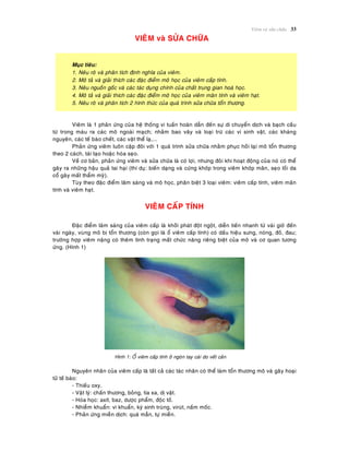 Vieâm vaø söûa chöõa 33
VIEÂM vaø SÖÛA CHÖÕA
Muïc tieâu:
1. Neâu roõ vaø phaân tích ñònh nghóa cuûa vieâm.
2. Moâ taû vaø giaûi thích caùc ñaëc ñieåm moâ hoïc cuûa vieâm caáp tính.
3. Neâu nguoàn goác vaø caùc taùc duïng chính cuûa chaát trung gian hoaù hoïc.
4. Moâ taû vaø giaûi thích caùc ñaëc ñieåm moâ hoïc cuûa vieâm maõn tính vaø vieâm haït.
5. Neâu roõ vaø phaân tích 2 hình thöùc cuûa quaù trình söûa chöõa toån thöông.
Vieâm laø 1 phaûn öùng cuûa heä thoáng vi tuaàn hoaøn daãn ñeán söï di chuyeån dòch vaø baïch caàu
töø trong maùu ra caùc moâ ngoaøi maïch; nhaèm bao vaây vaø loaïi tröø caùc vi sinh vaät, caùc khaùng
nguyeân, caùc teá baøo cheát, caùc vaät theå laï,...
Phaûn öùng vieâm luoân caëp ñoâi vôùi 1 quaù trình söûa chöõa nhaèm phuïc hoài laïi moâ toån thöông
theo 2 caùch, taùi taïo hoaëc hoùa seïo.
Veà cô baûn, phaûn öùng vieâm vaø söûa chöõa laø coù lôïi, nhöng ñoâi khi hoaït ñoäng cuûa noù coù theå
gaây ra nhöõng haäu quaû tai haïi (thí duï: bieán daïng vaø cöùng khôùp trong vieâm khôùp maõn, seïo loài da
coå gaây maát thaåm myõ).
Tuøy theo ñaëc ñieåm laâm saøng vaø moâ hoïc, phaân bieät 3 loaïi vieâm: vieâm caáp tính, vieâm maõn
tính vaø vieâm haït.
VIEÂM CAÁP TÍNH
Ñaëc ñieåm laâm saøng cuûa vieâm caáp laø khôûi phaùt ñoät ngoät, dieãn tieán nhanh töø vaøi giôø ñeán
vaøi ngaøy, vuøng moâ bò toån thöông (coøn goïi laø oå vieâm caáp tính) coù daáu hieäu söng, noùng, ñoû, ñau;
tröôøng hôïp vieâm naëng coù theâm tình traïng maát chöùc naêng rieâng bieät cuûa moâ vaø cô quan töông
öùng. (Hình 1)
Hình 1: OÅ vieâm caáp tính ôû ngoùn tay caùi do veát caén
Nguyeân nhaân cuûa vieâm caáp laø taát caû caùc taùc nhaân coù theå laøm toån thöông moâ vaø gaây hoaïi
töû teá baøo:
- Thieáu oxy.
- Vaät lyù: chaán thöông, boûng, tia xa, dò vaät.
- Hoùa hoïc: axít, baz, döôïc phaåm, ñoäc toá.
- Nhieãm khuaån: vi khuaån, kyù sinh truøng, viruùt, naám moác.
- Phaûn öùng mieãn dòch: quaù maãn, töï mieãn.
 