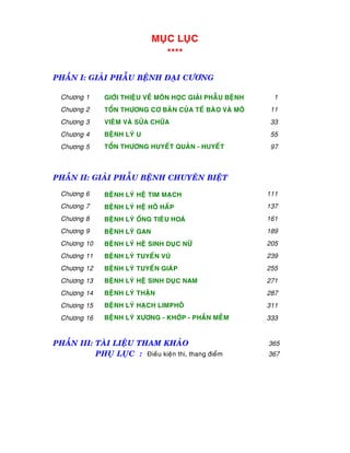 MUÏC LUÏC
****
PHAÀN I: GIAÛI PHAÃU BEÄNH ÑAÏI CÖÔNG
Chöông 1
Chöông 2
Chöông 3
Chöông 4
Chöông 5
GIÔÙI THIEÄU VEÀ MOÂN HOÏC GIAÛI PHAÃU BEÄNH
TOÅN THÖÔNG CÔ BAÛN CUÛA TEÁ BAØO VAØ MOÂ
VIEÂM VAØ SÖÛA CHÖÕA
BEÄNH LYÙ U
TOÅN THÖÔNG HUYEÁT QUAÛN - HUYEÁT
1
11
33
55
97
PHAÀN II: GIAÛI PHAÃU BEÄNH CHUYEÂN BIEÄT
Chöông 6
Chöông 7
Chöông 8
Chöông 9
Chöông 10
Chöông 11
Chöông 12
Chöông 13
Chöông 14
Chöông 15
Chöông 16
BEÄNH LYÙ HEÄ TIM MAÏCH
BEÄNH LYÙ HEÄ HOÂ HAÁP
BEÄNH LYÙ OÁNG TIEÂU HOAÙ
BEÄNH LYÙ GAN
BEÄNH LYÙ HEÄ SINH DUÏC NÖÕ
BEÄNH LYÙ TUYEÁN VUÙ
BEÄNH LYÙ TUYEÁN GIAÙP
BEÄNH LYÙ HEÄ SINH DUÏC NAM
BEÄNH LYÙ THAÄN
BEÄNH LYÙ HAÏCH LIMPHOÂ
BEÄNH LYÙ XÖÔNG - KHÔÙP - PHAÀN MEÀM
111
137
161
189
205
239
255
271
287
311
333
PHAÀN III: TAØI LIEÄU THAM KHAÛO 365
PHUÏ LUÏC : Ñieàu kieän thi, thang ñieåm 367
 