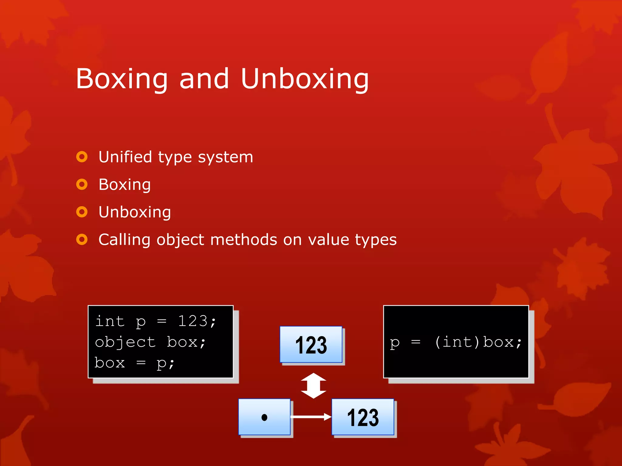 Boxing and Unboxing
 Unified type system
 Boxing
 Unboxing
 Calling object methods on value types
int p = 123;
object box;
box = p;
• 123
123 p = (int)box;
 