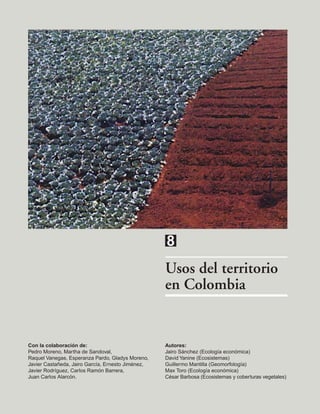 8
Usos del territorio
en Colombia
Con la colaboración de:
Pedro Moreno, Martha de Sandoval,
Raquel Vanegas, Esperanza Pardo, Gladys Moreno,
Javier Castañeda, Jairo García, Ernesto Jiménez,
Javier Rodríguez, Carlos Ramón Barrera,
Juan Carlos Alarcón.
Autores:
Jairo Sánchez (Ecología económica)
David Yanine (Ecosistemas)
Guillermo Mantilla (Geomorfología)
Max Toro (Ecología económica)
César Barbosa (Ecosistemas y coberturas vegetales)
 