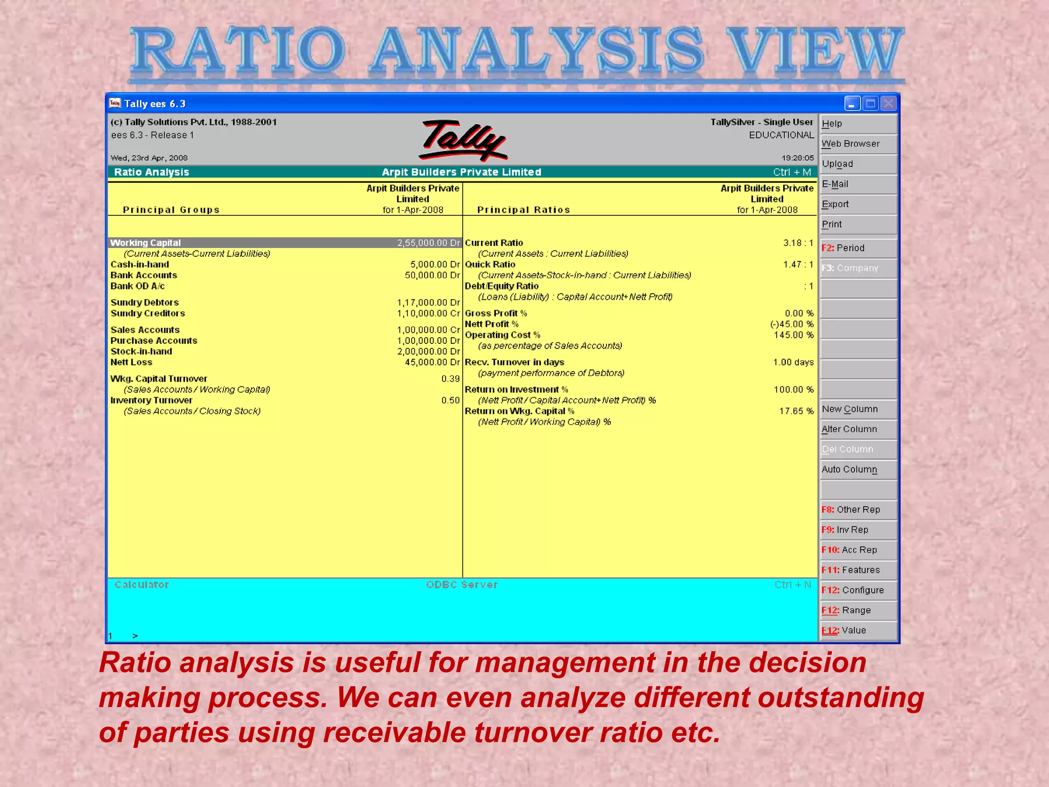 Ratio analysis is useful for management in the decision
making process. We can even analyze different outstanding
of parties using receivable turnover ratio etc.
 