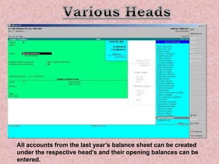 All accounts from the last year’s balance sheet can be created
under the respective head’s and their opening balances can be
entered.
 