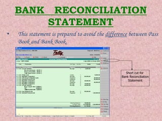 BANK RECONCILIATION
STATEMENT
• This statement is prepared to avoid the difference between Pass
Book and Bank Book.
Short cut for
Bank Reconciliation
Statement
 