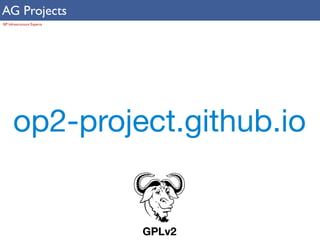 AG Projects 
SIP Infrastructure Experts 
op2-project.github.io 
GPLv2 
 