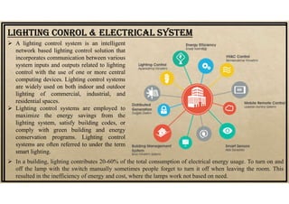 LIGHTING CONrOL & ELECTrICAL SYSTEM
 A lighting control system is an intelligent
network based lighting control solution that
incorporates communication between various
system inputs and outputs related to lighting
control with the use of one or more central
computing devices. Lighting control systems
are widely used on both indoor and outdoor
lighting of commercial, industrial, and
residential spaces.
 Lighting control systems are employed to
maximize the energy savings from the
lighting system, satisfy building codes, or
comply with green building and energy
conservation programs. Lighting control
systems are often referred to under the term
smart lighting.
 In a building, lighting contributes 20-60% of the total consumption of electrical energy usage. To turn on and
off the lamp with the switch manually sometimes people forget to turn it off when leaving the room. This
resulted in the inefficiency of energy and cost, where the lamps work not based on need.
 