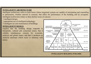 INTELLIGENT ARCHITECTURE
Intelligent architecture refers to built forms whose integrated systems are capable of anticipating and responding
to phenomena, whether internal or external, that affect the performance of the building and its occupants.
Intelligent architecture relates to three distinct areas of concern:
1 intelligent design;
2 appropriate use of intelligent technology;
3 intelligent use and maintenance of buildings.
INTELLIGENT DESIGN
requires that the building design responds to
humanistic, cultural and contextual issues; that it
exhibits simultaneous concern for economic,
political and global issues; and that it produces an
artificial enclosure which exists in harmony with
nature.
INTELLIGENT BUILDING PYRAMID.
 