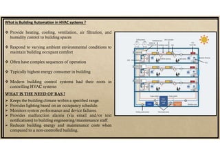 What is Building Automation in HVAC systems ?
 Provide heating, cooling, ventilation, air filtration, and
humidity control to building spaces
 Respond to varying ambient environmental conditions to
maintain building occupant comfort
 Often have complex sequences of operation
 Typically highest energy consumer in building
 Modern building control systems had their roots in
controlling HVAC systems
WHAT IS THE NEED OF BAS ?
 Keeps the building climate within a specified range.
 Provides lighting based on an occupancy schedule.
 Monitors system performance and device failures.
 Provides malfunction alarms (via email and/or text
notifications) to building engineering/maintenance staff.
 Reduces building energy and maintenance costs when
compared to a non-controlled building.
 