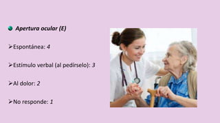 Apertura ocular (E)
Espontánea: 4
Estímulo verbal (al pedírselo): 3
Al dolor: 2
No responde: 1
 