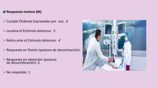 Respuesta motora (M)
Cumple Órdenes Expresadas por voz: 6
Localiza el Estímulo doloroso: 5
Retira ante el Estímulo doloroso: 4
Respuesta en flexión (postura de decorticación): 3
Respuesta en extensión (postura
de descerebración): 2
No responde: 1
 