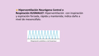 Hiperventilación Neurógena Central o
Respiración KUSMAULT: Hiperventilación con inspiración
y espiración forzada, rápida y mantenida; indica daño a
nivel de mesencéfalo.
 