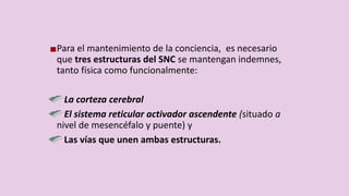 Para el mantenimiento de la conciencia, es necesario
que tres estructuras del SNC se mantengan indemnes,
tanto física como funcionalmente:
La corteza cerebral
El sistema reticular activador ascendente (situado a
nivel de mesencéfalo y puente) y
Las vías que unen ambas estructuras.
 