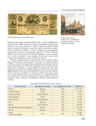 §19. Сполучені Штати Америки
103
британський десант захопив Вашингтон, а флот бомбардував
портові міста, США погодилися визнати існуючий кордон і від-
мовилися від своїх намірів. У 1818 р. британці віддали США
свою колонію Ред-Рівер. Сполучені штати вирішили скорис-
татися слабкістю Іспанії у зв’язку з Війною за незалежність
іспанських колоній у Латинській Америці. У 1813—1819 рр.
США поступово окупували півострів Флорида, а потім сплати-
ли за нього іспанцям 5 млн доларів. Після цього вони стали
стрімко просуватися на захід, до Тихого океану.
Чимало американських переселенців після здобуття Мек-
сикою незалежності від іспанців оселилися на півночі країни.
У 1836 р. в результаті повстання американці проголосили ство-
рення незалежної від Мексики держави Техас. Через дев’ять
років Техас увійшов до складу США як новий штат. Це стало
причиною успішної для США американо-мексиканської війни
1846—1848 рр. У результаті Мексика втратила не лише Техас,
а й усі свої північні землі, що становили 55% території держа-
ви, отримавши у вигляді компенсації 15 млн доларів. Тут було
створено штати Аризона, Каліфорнія, Невада, Нью-Мексико
та Юта.
ЗРОСТАННЯ ТЕРИТОРІЇ США в 1803—1867 рр.
Назва території Якій державі належала Рік приєднання до США Площа, км2
Луїзіана Франція 1803 2 575 000
Західна Флорида Іспанія 1813 40 000
Колонія Ред-Рівер Велика Британія 1818 50 000
Східна Флорида Іспанія 1819 153 500
Північний Мен Велика Британія 1842 28 500
Техас Мексика 1845 710 550
Орегон Велика Британія 1846 520 000
Нова Мексика та Верхня Каліфорнія Мексика 1848 1 760 240
Месілья Мексика 1853 46 500
Аляска
та Алеутські острови
Росія 1867
1 495 380
37 800
100-доларова банкнота Республіки Техас Американські війська
в Мехіко під час американо-
мексиканської війни. 1847 р.
Невідомий художник
 