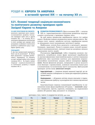120
РОЗДІЛ IІІ.	ЄВРОПА ТА АМЕРИКА
в останній третині ХІХ — на початку ХХ ст.
§ 21. Основні тенденції соціально-економічного
та політичного розвитку провідних країн
Західної Європи та Америки
ЗА ЦИМ ПАРАГРАФОМ ВИ ЗМОЖЕТЕ:
визначати характерні риси соціаль-
но-економічного розвитку тогочас-
них провідних країн світу в другій
половині XIX — на початку XX ст.;
аналізувати формування колоніалізму
та його наслідки для народів світу;
розкривати особливості політичного
розвитку й робітничого руху в про-
відних країнах світу.
ПРИГАДАЙТЕ
1. Що таке промисловий переворот?
Коли і де він розпочався?  2. Якими
були результати і наслідки промис-
лового перевороту?  3.  Покажіть
на карті провідні країни світу першої
половини XIX ст.  4.  Назвіть панівні
тенденції соціально-економічного
та політичного розвитку в першій
половині XIX ст.
1	РОЗВИТОК ПРОМИСЛОВОСТІ. Друга половина XIX — початок
XX  ст. характеризувалися подальшим розвитком індустрі-
ального суспільства у  провідних країнах світу.
За цей період промислове виробництво зросло тут майже
втричі. Особливо швидко розвивалася важка промисловість. Ви-
плавка сталі, чавуну, видобуток вугілля, виробництво машин
та  обладнання стали показниками могутності країни.
Найбільших успіхів було досягнуто в  металургії, машино-
будуванні, транспорті. Разом із  появою нових галузей промис-
ловості (електротехнічної, хімічної тощо) це докорінно змінило
повсякденне життя людей.
Розгортання індустріалізації, тобто створення великих під-
приємств, потребувало нових форм організації виробництва
та значних фінансових інвестицій (вкладень із метою отримання
прибутків). Для залучення капіталу для вирішення широко-
масштабних економічних завдань набуло поширення акціону-
вання. Значні фінансові ресурси, зосереджені в  руках вузького
кола банкірів і  промисловців, зумовили посилення їхньої ролі
в економічному та політичному житті суспільства. Цей вузький
прошарок дістав назву фінансової олігархії.
Індустріалізація — створення великої машинної індустрії, що ви-
готовляє машини й обладнання та є базою для подальшого розвитку
промисловості.
Акціонування — об’єднання капіталу кількох власників із подаль-
шим отриманням прибутку та розподілом його залежно від внесеної
частки.
Індустріалізація сприяла концентрації виробництва та  ви-
никненню нових форм виробничих об’єднань — монополій у фор-
мах синдикатів, трестів, картелів, концернів, що відрізнялися
рівнем об’єднання сфер діяльності та  інтересів.
ВИПЛАВКА СТАЛІ, ЧАВУНУ ТА ВИДОБУТОК ВУГІЛЛЯ, млн тонн
Показники Рік Англія Франція Німеччина США
Виплавка ­сталі
1871 0,3 0,08 0,25 0,07
1900 4,9 1,56 6,6 10,2
Виплавка ­чавуну
1871 6,6 0,9 1,56 1,7
1900 9,0 2,7 8,5 13,8
Видобуток ­вугілля
1871 117,0 13,3 37,9 41,9
1900 225,0 33,4 149,8 240,8
 
