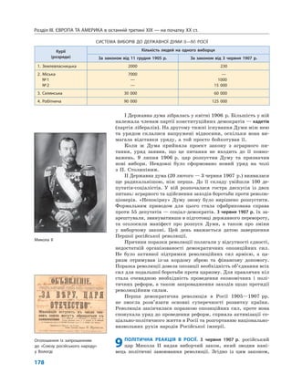 Розділ IІІ. ЄВРОПА ТА АМЕРИКА в останній третині ХІХ — на початку ХХ ст.
178
I Державна дума зібралась у квітні 1906 р. Більшість у ній
належала членам партії конституційних демократів — кадетів
(партія лібералів). На другому тижні існування Думи між нею
та урядом склалися напружені відносини, оскільки вона ви-
магала відставки уряду, а той просто бойкотував її.
Коли ж Дума прийняла проект закону з аграрного пи-
тання, уряд заявив, що це питання не входить до її повно-
важень. 9 липня 1906 р. цар розпустив Думу та призначив
нові вибори. Невдовзі було сформовано новий уряд на чолі
з П. Столипіним.
II Державна дума (20 лютого — 3 червня 1907 р.) виявилася
ще радикальнішою, ніж перша. До її складу увійшли 100 де-
путатів-соціалістів. У ній розпочалася гостра дискусія із двох
питань: аграрного та здійснення заходів боротьби проти револю-
ціонерів. «Непокірну» Думу знову було вирішено розпустити.
Формальним приводом для цього стала сфабрикована справа
проти 55 депутатів — соціал-демократів. 3 червня 1907 р. їх за-
арештували, звинувативши в підготовці державного перевороту,
та оголосили маніфест про розпуск Думи, а також про зміни
у виборчому законі. Цей день вважається датою завершення
Першої російської революції.
Причини поразки революції полягали у відсутності єдності,
недостатній організованості демократичних опозиційних сил.
Не було активної підтримки революційних сил армією, а ца-
ризм отримував із-за кордону зброю та фінансову допомогу.
Поразка революції довела опозиції необхідність об’єднання всіх
сил для подальшої боротьби проти царизму. Для правлячих кіл
стала очевидною необхідність проведення економічних і полі-
тичних реформ, а також запровадження заходів щодо протидії
революційним силам.
Перша демократична революція в Росії 1905—1907 рр.
не змогла розв’язати основні суперечності розвитку країни.
Революція закінчилася поразкою опозиційних сил, проте вона
спонукала уряд до проведення реформ, сприяла активізації со-
ціально-політичного життя в Росії та розгортанню національно-
визвольних рухів народів Російської імперії.
9ПОЛІТИЧНА РЕАКЦІЯ В РОСІЇ. 3 червня 1907 р. російський
цар Микола II видав виборчий закон, який зводив нані-
вець політичні завоювання революції. Згідно із цим законом,
Микола ІІ
Оголошення із запрошенням
до «Союзу російського народу»
у Вологді
СИСТЕМА ВИБОРІВ ДО ДЕРЖАВНОЇ ДУМИ (I—IV) РОСІЇ
Курії
(розряди)
Кількість людей на одного виборця
За законом від 11 грудня 1905 р. За законом від 3 червня 1907 р.
1. Землевласницька 2000 230
2. Міська
№1
№2
7000
—
—
—
1000
15 000
3. Селянська 30 000 60 000
4. Робітнича 90 000 125 000
 