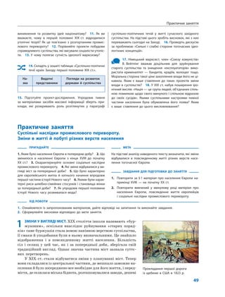 49
Практичне заняття
МЕТА
На підставі аналізу наведеного тексту визначити, які зміни
відбувалися в повсякденному житті різних верств насе-
лення тогочасної Європи.
ЗАВДАННЯ ДЛЯ ПІДГОТОВКИ ДО ЗАНЯТТЯ
1. Повторити за §1 матеріал про населення Європи на-
прикінці XVIII — на початку XX ст.
2. Повторити вивчений у минулому році матеріал про
населення Європи, повсякденне життя європейців
і соціальні наслідки промислового перевороту.
виникнення та розвитку ідей націоналізму? 11. Як ви
вважаєте, чому в першій половині XIX ст. відродилися
утопічні теорії? Як це пов’язано з розгортанням промис-
лового перевороту? 12. Порівняйте проекти побудови
справедливого суспільства, які висували соціалісти-утопіс-
ти. 13. У чому полягає сутність ідеології марксизму?
14. Складіть у зошиті таблицю «Суспільно-політичні
течії країн Заходу першої половини XIX ст.».
На-
зва
Видатні
представники
Погляди на розвиток
держави й суспільства
15. Підготуйте проект-дослідження. Упродовж тижня
за матеріалами засобів масової інформації зберіть при-
клади, які розкривають роль розглянутих у параграфі
суспільно-політичних течій у житті сучасного західного
суспільства. На підставі цього зробіть висновок, які з них
переважають сьогодні на Заході. 16. Проведіть дискусію
за проблемою «Сильні і слабкі сторони тогочасних ідео-
логічних концепцій».
17. Німецький марксист, член «Союзу комуністів»
В. Вейтлінг вважав доцільним для зруйнування
старого суспільства та знищення «експлуататорів» вико-
ристати криміналітет — бандитів, крадіїв, волоцюг тощо.
Моральна сторона такої ціни захоплення влади його не ці-
кавила. Яким є ваше ставлення до таких проектів зміни
влади в суспільстві? 18. У XIX ст. набув поширення іро-
нічний вислів: «Нація — це група людей, об’єднаних спіль-
ною помилкою щодо свого минулого і спільною відразою
до своїх сусідів». Якими суспільними настроями певної
частини населення була обумовлена його поява? Яким
є ваше ставлення до цього висловлювання?
Практичне заняття
Суспільні наслідки промислового перевороту.
Зміни в житті й побуті різних верств населення
ПРИГАДАЙТЕ
1. Яким було населення Європи в попередню добу? 2. Що
змінилося в населенні Європи з кінця XVIII до початку
XX ст.? 3. Охарактеризуйте основні соціальні наслідки
промислового перевороту. 4. Які зміни відбувалися у ви-
гляді міст за попередньої доби? 5. Що було характерно
для європейського житла й хатнього начиння впродовж
першої частини історії Нового часу? 6. Якими були харак-
терні риси шлюбно-сімейних стосунків і становища жінки
за попередньої доби? 7. Як упродовж першої половини
історії Нового часу розвивалася мода?
ХІД РОБОТИ
1. Ознайомтеся із запропонованим матеріалом, дайте відповіді на запитання та виконайте завдання.
2. Сформулюйте висновки відповідно до мети заняття.
1 ЗМІНИ У ВИГЛЯДІ МІСТ. XIX століття інколи називають «бур-
жуазним», оскільки внаслідок руйнування «старих поряд-
ків» саме буржуазія стала новою панівною верствою суспільства,
її смаки й уподобання були в ньому визначальними. Це знайшло
відображення і в повсякденному житті населення. Більшість
сіл і селищ у цей час, як і за попередньої доби, зберігала свій
традиційний вигляд. Однак значна частина міст зазнала суттє-
вих перетворень.
У XIX ст. стали відбуватися зміни у плануванні міст. Тепер
вони складалися із центральної частини, де мешкало заможне на-
селення й було зосереджено все необхідне для його життя, і перед-
містя, де селилася міська біднота, розташовувалися заводи, дешеві
Прокладання першої дороги
із щебеню в США в 1823 р.
 