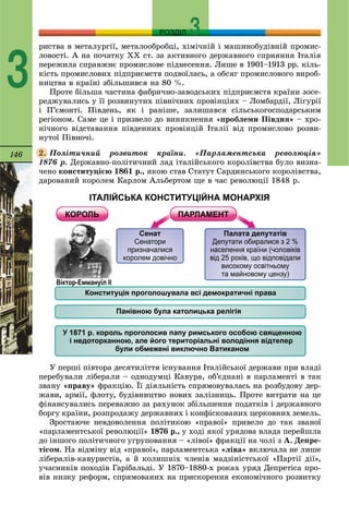 146
РОЗДІЛ
3
ðèñòâà â ìåòàëóðãії, ìåòàëîîáðîáöі, õіìі÷íіé і ìàøèíîáóäіâíіé ïðîìèñ-
ëîâîñòі. À íà ïî÷àòêó ÕÕ ñò. çà àêòèâíîãî äåðæàâíîãî ñïðèÿííÿ Іòàëіÿ
ïåðåæèëà ñïðàâæíє ïðîìèñëîâå ïіäíåñåííÿ. Ëèøå â 1901–1913 ðð. êіëü-
êіñòü ïðîìèñëîâèõ ïіäïðèєìñòâ ïîäâîїëàñü, à îáñÿã ïðîìèñëîâîãî âèðîá-
íèöòâà â êðàїíі çáіëüøèâñÿ íà 80 %.
Ïðîòå áіëüøà ÷àñòèíà ôàáðè÷íî-çàâîäñüêèõ ïіäïðèєìñòâ êðàїíè çîñå-
ðåäæóâàëèñü ó її ðîçâèíóòèõ ïіâíі÷íèõ ïðîâіíöіÿõ – Ëîìáàðäії, Ëіãóðії
і Ï’єìîíòі. Ïіâäåíü, ÿê і ðàíіøå, çàëèøàâñÿ ñіëüñüêîãîñïîäàðñüêèì
ðåãіîíîì. Ñàìå öå і ïðèçâåëî äî âèíèêíåííÿ «ïðîáëåìè Ïіâäíÿ» – õðî-
íі÷íîãî âіäñòàâàííÿ ïіâäåííèõ ïðîâіíöіé Іòàëії âіä ïðîìèñëîâî ðîçâè-
íóòîї Ïіâíî÷і.
Ïîëіòè÷íèé ðîçâèòîê êðàїíè. «Ïàðëàìåíòñüêà ðåâîëþöіÿ»
1876 ð. Äåðæàâíî-ïîëіòè÷íèé ëàä іòàëіéñüêîãî êîðîëіâñòâà áóëî âèçíà-
÷åíî êîíñòèòóöієþ 1861 ð., ÿêîþ ñòàâ Ñòàòóò Ñàðäèíñüêîãî êîðîëіâñòâà,
äàðîâàíèé êîðîëåì Êàðëîì Àëüáåðòîì ùå â ÷àñ ðåâîëþöії 1848 ð.
Ó ïåðøі ïіâòîðà äåñÿòèëіòòÿ іñíóâàííÿ Іòàëіéñüêîї äåðæàâè ïðè âëàäі
ïåðåáóâàëè ëіáåðàëè – îäíîäóìöі Êàâóðà, îá’єäíàíі â ïàðëàìåíòі â òàê
çâàíó «ïðàâó» ôðàêöіþ. Її äіÿëüíіñòü ñïðÿìîâóâàëàñü íà ðîçáóäîâó äåð-
æàâè, àðìії, ôëîòó, áóäіâíèöòâî íîâèõ çàëіçíèöü. Ïðîòå âèòðàòè íà öå
ôіíàíñóâàëèñü ïåðåâàæíî çà ðàõóíîê çáіëüøåííÿ ïîäàòêіâ і äåðæàâíîãî
áîðãó êðàїíè, ðîçïðîäàæó äåðæàâíèõ і êîíôіñêîâàíèõ öåðêîâíèõ çåìåëü.
Çðîñòàþ÷å íåâäîâîëåííÿ ïîëіòèêîþ «ïðàâîї» ïðèâåëî äî òàê çâàíîї
«ïàðëàìåíòñüêîї ðåâîëþöії» 1876 ð., ó õîäі ÿêîї óðÿäîâà âëàäà ïåðåéøëà
äî іíøîãî ïîëіòè÷íîãî óãðóïîâàííÿ – «ëіâîї» ôðàêöії íà ÷îëі ç À. Äåïðå-
òіñîì. Íà âіäìіíó âіä «ïðàâîї», ïàðëàìåíòñüêà «ëіâà» âêëþ÷àëà íå ëèøå
ëіáåðàëіâ-êàâóðèñòіâ, à é êîëèøíіõ ÷ëåíіâ ìàäçіíіñòñüêîї «Ïàðòії äії»,
ó÷àñíèêіâ ïîõîäіâ Ãàðіáàëüäі. Ó 1870–1880-õ ðîêàõ óðÿä Äåïðåòіñà ïðî-
âіâ íèçêó ðåôîðì, ñïðÿìîâàíèõ íà ïðèñêîðåííÿ åêîíîìі÷íîãî ðîçâèòêó
2.
 