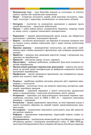 234
 Íàöіîíàëüíà іäåÿ – іäåÿ áîðîòüáè íàðîäіâ çà êóëüòóðíó òà åòíі÷íó
єäíіñòü êðàїíè àáî íàöіîíàëüíå âèçâîëåííÿ
 Íàöіÿ – іñòîðè÷íà ñïіëüíіñòü ëþäåé, ÿêіé âëàñòèâà ñïіëüíіñòü, òåðè-
òîðії, êóëüòóðè і õàðàêòåðó, åêîíîìі÷íèõ òà ñîöіàëüíèõ çâ’ÿçêіâ
 Îëіãàðõіÿ – ïîëіòè÷íå òà åêîíîìі÷íå ïàíóâàííÿ â äåðæàâі ãðóïè
ëþäåé (áóêâàëüíî – ïðàâëіííÿ íåáàãàòüîõ)
 Îðåíäà – íàéì ìàéíà (çåìëі, ïіäïðèєìñòâ, áóäèíêіâ, êâàðòèð òîùî)
çà ïåâíó ïëàòó ç ïðàâîì òèì÷àñîâîãî âèêîðèñòàííÿ
 Ïàðëàìåíò – âèùèé ïðåäñòàâíèöüêèé îðãàí âëàäè, ùî îáèðàєòüñÿ
íàñåëåííÿì і çäіéñíþє çàêîíîäàâ÷і ôóíêöії
 Ïàðòіÿ – ïîëіòè÷íà îðãàíіçàöіÿ, ùî âèðàæàє é çàõèùàє іíòåðåñè òîãî
÷è іíøîãî êëàñó, ïåâíèõ ñîöіàëüíèõ ãðóï і êåðóє їõíüîþ ïîëіòè÷íîþ
äіÿëüíіñòþ
 Ïðàâîâà äåðæàâà – äåìîêðàòè÷íå ñóñïіëüñòâî, ùî çàáåçïå÷óє çäіé-
ñíåííÿ ïðàâ і ñâîáîä ãðîìàäÿí і ôóíêöіîíóє ïðè ñóâîðîìó äîòðèìàííі
çàêîíіâ
 Ïðèáóòîê – ðіçíèöÿ ìіæ ðèíêîâîþ âàðòіñòþ òîâàðó і âèòðàòàìè ïіä-
ïðèєìöÿ íà âèðîáíèöòâî
 Ïðèâіëåé – âèêëþ÷íå ïðàâî, ïіëüãà, ïåðåâàãà
 Ïðîëåòàðіàò – íàéìàíі ðîáіòíèêè, ïîçáàâëåíі áóäü-ÿêîї âëàñíîñòі íà
çàñîáè âèðîáíèöòâà
 Ïðîìèñëîâèé ïåðåâîðîò (ïðîìèñëîâà ðåâîëþöіÿ) – ïåðåõіä âіä çàñíî-
âàíîї íà ðó÷íіé ïðàöі ìàíóôàêòóðè äî ôàáðè÷íî-çàâîäñüêîї ñèñòåìè
ìàøèííîãî âèðîáíèöòâà
 Ïðîôñïіëêè – ìàñîâі ãðîìàäñüêі îðãàíіçàöії, ùî ñòâîðþþòüñÿ òðóäÿ-
ùèìè äëÿ çàõèñòó ñâîїõ ïðàâ
 Ðàäèêàë – ïðèáі÷íèê êðàéíіõ ïîãëÿäіâ, ðіøó÷èõ äіé і êîðіííèõ ïåðå-
òâîðåíü ó ñóñïіëüñòâі
 Ðåâіçіîíіçì – ïîëіòè÷íà òå÷іÿ, ùî âèìàãàє ïåðåãëÿäó çàñòàðіëèõ іäåé,
òåîðіé, ïàðòіéíèõ ïðîãðàì
 Ðåâîëþöіÿ – êîðіííèé ïåðåâîðîò ó æèòòі ñóñïіëüñòâà, ðàäèêàëüíі
çìіíè â åêîíîìі÷íîìó і ñîöіàëüíî-ïîëіòè÷íîìó æèòòі êðàїíè
 Ðåçåðâàöіÿ – òåðèòîðіÿ äëÿ íàñèëüíèöüêîãî ïîñåëåííÿ îêðåìèõ ïðè-
ãíîáëåíèõ åòíі÷íèõ ãðóï (ó ÑØÀ â XIX ñò. – êîðіííîãî íàñåëåííÿ
Àìåðèêè – іíäіàíöіâ)
 Ðåñïóáëіêà – ôîðìà äåðæàâíîãî ïðàâëіííÿ, çà ÿêîї âåðõîâíà âëàäà â
êðàїíі íàëåæèòü îáðàíèì íà ïåâíèé òåðìіí ïðåäñòàâíèöüêèì îðãà-
íàì âëàäè
 Ðåñòàâðàöіÿ – âіäíîâëåííÿ ïîâàëåíîãî ñóñïіëüíîãî ëàäó àáî äèíàñòії,
ùî ðàíіøå ïðàâèëà
 Ðåôîðìà – ïðîãðåñèâíå ïåðåòâîðåííÿ, ïåðåóñòðіé ïåâíèõ ñòîðіí ñó-
ñïіëüíîãî æèòòÿ
 Ðèñîðäæèìåíòî – íàöіîíàëüíî-âèçâîëüíèé ðóõ іòàëіéñüêîãî íàðîäó çà
îá’єäíàííÿ êðàїíè і ëіêâіäàöіþ àâñòðіéñüêîãî ãíіòó. Ó 1861–1870 ðð.
óíàñëіäîê Ðèñîðäæèìåíòî áóëî óòâîðåíî îá’єäíàíó Іòàëіéñüêó äåðæàâó
 