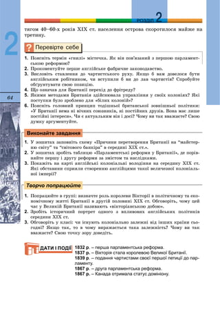 64
ДДРОЗДІЛ
2
òÿãîì 40–60-õ ðîêіâ ÕІÕ ñò. íàñåëåííÿ îñòðîâà ñêîðîòèëîñÿ ìàéæå íà
òðåòèíó.
1. Ïîÿñíіòü òåðìіí «ãíèëі» ìіñòå÷êà. ßê âіí ïîâ’ÿçàíèé ç ïåðøîþ ïàðëàìåíò-
ñüêîþ ðåôîðìîþ?
2. Ïðîêîìåíòóéòå ïåðøå àíãëіéñüêå ôàáðè÷íå çàêîíîäàâñòâî.
3. Âèñëîâіòü ñòàâëåííÿ äî ÷àðòèñòñüêîãî ðóõó. ßêùî á âàì äîâåëîñÿ áóòè
àíãëіéñüêèì ðîáіòíèêîì, ÷è âñòóïèëè á âè äî ëàâ ÷àðòèñòіâ? Ñïðîáóéòå
îá´ðóíòóâàòè ñâîþ ïîçèöіþ.
4. Ùî îçíà÷àâ äëÿ Áðèòàíії ïåðåõіä äî ôðіòðåäó?
5. ßêèìè ìåòîäàìè Áðèòàíіÿ çäіéñíþâàëà óïðàâëіííÿ ó ñâîїõ êîëîíіÿõ? ßêі
ïîñòóïêè áóëî çðîáëåíî äëÿ «áіëèõ êîëîíіé»?
6. Ïîÿñíіòü ãîëîâíèé ïðèíöèï òîäіøíüîї áðèòàíñüêîї çîâíіøíüîї ïîëіòèêè:
«Ó Áðèòàíії íåìà íі âі÷íèõ ñîþçíèêіâ, íі ïîñòіéíèõ äðóçіâ. Âîíà ìàє ëèøå
ïîñòіéíі іíòåðåñè». ×è є àêòóàëüíèì âіí і äîñі? ×îìó âè òàê ââàæàєòå? Ñâîþ
äóìêó àðãóìåíòóéòå.
1. Ó çîøèòàõ çàïîâíіòü ñõåìó «Ïðè÷èíè ïåðåòâîðåííÿ Áðèòàíії íà “ìàéñòåð-
íþ ñâіòó” òà “ñâіòîâîãî áàíêіðà” â ñåðåäèíі ÕІÕ ñò.».
2. Ó çîøèòàõ çðîáіòü òàáëèöþ «Ïàðëàìåíòñüêі ðåôîðìè ó Áðèòàíії», äå ïîðіâ-
íÿéòå ïåðøó і äðóãó ðåôîðìè çà çìіñòîì òà íàñëіäêàìè.
3. Ïîêàæіòü íà êàðòі àíãëіéñüêі êîëîíіàëüíі âîëîäіííÿ íà ñåðåäèíó ÕІÕ ñò.
ßêі îáñòàâèíè ñïðèÿëè ñòâîðåííþ àíãëіéöÿìè òàêîї âåëè÷åçíîї êîëîíіàëü-
íîї іìïåðії?
1. Ïîïðàöþéòå â ãðóïі: âèçíà÷òå ðîëü êîðîëåâè Âіêòîðії â ïîëіòè÷íîìó òà åêî-
íîìі÷íîìó æèòòі Áðèòàíії â äðóãіé ïîëîâèíі ÕІÕ ñò. Îáãîâîðіòü, ÷îìó öåé
÷àñ ó Âåëèêіé Áðèòàíії íàçèâàþòü «âіêòîðіàíñüêîþ äîáîþ».
2. Çðîáіòü іñòîðè÷íèé ïîðòðåò îäíîãî ç âïëèâîâèõ àíãëіéñüêèõ ïîëіòèêіâ
ñåðåäèíè ÕІÕ ñò.
3. Îáãîâîðіòü ó êëàñі: ÷è іñíóþòü êîëîíіàëüíî çàëåæíі âіä іíøèõ êðàїíè ñüî-
ãîäíі? ßêùî òàê, òî â ÷îìó âèðàæàєòüñÿ òàêà çàëåæíіñòü? ×îìó âè òàê
ââàæàєòå? Ñâîþ òî÷êó çîðó äîâåäіòü.
1832 р. – перша парламентська реформа.
1837 р. – Вікторія стала королевою Великої Британії.
1839 р. – подання чартистами своєї першої петиції до пар-
ламенту.
1867 р. – друга парламентська реформа.
1867 р. – Канада отримала статус домініону.
Виконайте завдання
Творчо попрацюйте
ДАТИ І ПОДІЇ
 