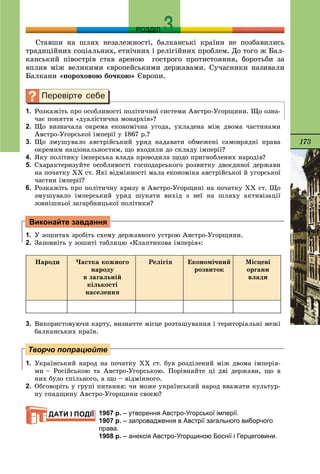 173
РОЗДІЛ
Ñòàâøè íà øëÿõ íåçàëåæíîñòі, áàëêàíñüêі êðàїíè íå ïîçáàâèëèñü
òðàäèöіéíèõ ñîöіàëüíèõ, åòíі÷íèõ і ðåëіãіéíèõ ïðîáëåì. Äî òîãî æ Áàë-
êàíñüêèé ïіâîñòðіâ ñòàâ àðåíîþ ãîñòðîãî ïðîòèñòîÿííÿ, áîðîòüáè çà
âïëèâ ìіæ âåëèêèìè єâðîïåéñüêèìè äåðæàâàìè. Ñó÷àñíèêè íàçèâàëè
Áàëêàíè «ïîðîõîâîþ áî÷êîþ» Єâðîïè.
1. Ðîçêàæіòü ïðî îñîáëèâîñòі ïîëіòè÷íîї ñèñòåìè Àâñòðî-Óãîðùèíè. Ùî îçíà-
÷àє ïîíÿòòÿ «äóàëіñòè÷íà ìîíàðõіÿ»?
2. Ùî âèçíà÷àëà îêðåìà åêîíîìі÷íà óãîäà, óêëàäåíà ìіæ äâîìà ÷àñòèíàìè
Àâñòðî-Óãîðñüêîї іìïåðії ó 1867 ð.?
3. Ùî çìóøóâàëî àâñòðіéñüêèé óðÿä íàäàâàòè îáìåæåíі ñàìîâðÿäíі ïðàâà
îêðåìèì íàöіîíàëüíîñòÿì, ùî âõîäèëè äî ñêëàäó іìïåðії?
4. ßêó ïîëіòèêó іìïåðñüêà âëàäà ïðîâîäèëà ùîäî ïðèãíîáëåíèõ íàðîäіâ?
5. Ñõàðàêòåðèçóéòå îñîáëèâîñòі ãîñïîäàðñüêîãî ðîçâèòêó äâîєäèíîї äåðæàâè
íà ïî÷àòêó ÕÕ ñò. ßêі âіäìіííîñòі ìàëà åêîíîìіêà àâñòðіéñüêîї é óãîðñüêîї
÷àñòèí іìïåðії?
6. Ðîçêàæіòü ïðî ïîëіòè÷íó êðèçó â Àâñòðî-Óãîðùèíі íà ïî÷àòêó ÕÕ ñò. Ùî
çìóøóâàëî іìïåðñüêèé óðÿä øóêàòè âèõіä ç íåї íà øëÿõó àêòèâіçàöії
çîâíіøíüîї çàãàðáíèöüêîї ïîëіòèêè?
1. Ó çîøèòàõ çðîáіòü ñõåìó äåðæàâíîãî óñòðîþ Àâñòðî-Óãîðùèíè.
2. Çàïîâíіòü ó çîøèòі òàáëèöþ «Êëàïòèêîâà іìïåðіÿ»:
Íàðîäè ×àñòêà êîæíîãî
íàðîäó
â çàãàëüíіé
êіëüêîñòі
íàñåëåííÿ
Ðåëіãіÿ Åêîíîìі÷íèé
ðîçâèòîê
Ìіñöåâі
îðãàíè
âëàäè
3. Âèêîðèñòîâóþ÷è êàðòó, âèçíà÷òå ìіñöå ðîçòàøóâàííÿ і òåðèòîðіàëüíі ìåæі
áàëêàíñüêèõ êðàїí.
1. Óêðàїíñüêèé íàðîä íà ïî÷àòêó ÕÕ ñò. áóâ ðîçäіëåíèé ìіæ äâîìà іìïåðіÿ-
ìè – Ðîñіéñüêîþ òà Àâñòðî-Óãîðñüêîþ. Ïîðіâíÿéòå öі äâі äåðæàâè, ùî â
íèõ áóëî ñïіëüíîãî, à ùî – âіäìіííîãî.
2. Îáãîâîðіòü ó ãðóïі ïèòàííÿ: ÷è ìîæå óêðàїíñüêèé íàðîä ââàæàòè êóëüòóð-
íó ñïàäùèíó Àâñòðî-Óãîðùèíè ñâîєþ?
1967 р. – утворення Австро-Угорської імперії.
1907 р. – запровадження в Австрії загального виборчого
права.
1908 р. – анексія Австро-Угорщиною Боснії і Герцеговини.
Виконайте завдання
Творчо попрацюйте
ДАТИ І ПОДІЇ
 