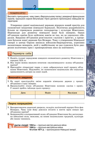 89
ДДРОЗДІЛ
Висловіть припущення, чому саме у Версальському палаці, резиденції французьких
королів, прусського короля Вільгельма I було урочисто проголошено німецьким ім-
ператором.
Óòâîðåííÿ єäèíîї íàöіîíàëüíîї äåðæàâè âіäêðèëî íîâèé ïðîñòіð äëÿ
åêîíîìі÷íîї іíіöіàòèâè íіìåöüêîї áóðæóàçії. Ïîëіòè÷íà ðîçäðîáëåíіñòü
áіëüøå íå ñòðèìóâàëà ðîçâèòîê ãîñïîäàðñòâà і êóëüòóðè Íіìå÷÷èíè.
Ïåðåøêîäè äëÿ ðîçâèòêó íіìåöüêîї íàöії áóëî çíèùåíî. Îäíàê
îá’єäíàííÿ êðàїíè áóëî çäіéñíåíå çîâñіì íå òàê, ÿê öå óÿâëÿëîñÿ ëіáå-
ðàëàì. Çàâäàííÿ îá’єäíàííÿ ðîçâ’ÿçàëîñÿ «çàëіçîì і êðîâ’þ», à õðåùå-
íèì áàòüêîì íîâîї äåðæàâè áóâ Áіñìàðê. Òîìó ç óòâîðåííÿì Íіìåöüêîї
іìïåðії â öåíòðі Єâðîïè âèíèêëà âіéñüêîâî-áþðîêðàòè÷íà, àãðåñèâíî
íàëàøòîâàíà ìîíàðõіÿ, ÿêіé ó ìàéáóòíüîìó íå ðàç ñóäèëîñÿ áóòè äæå-
ðåëîì ïîëіòè÷íèõ êðèç і êðîâîïðîëèòíèõ âîєí íà êîíòèíåíòі.
1. Íàçâіòü ãîëîâíі ïåðåäóìîâè øâèäêîãî åêîíîìі÷íîãî ðîçâèòêó Íіìå÷÷èíè â
ñåðåäèíі ÕІÕ ñò.
2. ßêó ïîäіþ ìîæíà ââàæàòè ïî÷àòêîì «ìàëîíіìåöüêîãî» øëÿõó îá’єäíàííÿ
êðàїíè?
3. Ïðèãàäàéòå ëіòåðàòóðíі òâîðè, ó ÿêèõ çîáðàæóþòüñÿ ïîäії ïðîöåñó îá’єä-
íàííÿ Íіìå÷÷èíè. Ïîäóìàéòå, ÿê ïîçíà÷èëàñÿ íàöіîíàëüíà àáî ñîöіàëüíà
ïðèíàëåæíіñòü àâòîðіâ íà îïèñі ïîäіé.
1. Íà êàðòі ïðîñëіäêóéòå çìіíè êîðäîíіâ íіìåöüêèõ äåðæàâ ó ïðîöåñі
îá’єäíàííÿ â îäíó іìïåðіþ.
2. Ïðîàíàëіçóéòå åòàïè îá’єäíàííÿ Íіìå÷÷èíè øëÿõîì «çàëіçà і êðîâі».
Ó çîøèòі çðîáіòü òàáëèöþ öüîãî ïðîöåñó:
Äàòà Ïîäіÿ Íàñëіäêè
1. Âèêîðèñòîâóþ÷è äîäàòêîâі äæåðåëà, ñêëàäіòü ïîëіòè÷íèé ïîðòðåò Îòòî ôîí
Áіñìàðêà. ×îìó ñàìå éîìó äîâåëîñÿ âòіëèòè â æèòòÿ ìðіþ íіìöіâ ïðî
îá’єäíàííÿ êðàїíè?
2. Çàïðîïîíóéòå àëüòåðíàòèâíèé øëÿõ îá’єäíàííÿ Íіìå÷÷èíè áåç çàñòîñóâàí-
íÿ âіéñüêîâîї ñèëè, ìîæëèâî, íà îñíîâі íàöіîíàëüíèõ òðàäèöіé, êóëüòóðè
àáî іíøèõ ÷èííèêіâ.
1864 р. – пруссько-австро-данська війна.
1866 р. – пруссько-австрійська війна.
18 січня 1871 р. – проголошення Німецької імперії.
Виконайте завдання
Творчо попрацюйте
ДАТИ І ПОДІЇ
 