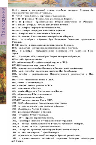 1846 - закон о постепенной отмене «хлебных законов». Переход Ан­
глии к политике свободной торговли.
1847-1848 - третий подъем чартистского движения.
1848, 22—24 февраля - Февральская революция в Париже.
1848, 25 февраля - провозглашение Второй республики во Франции.
1848, январь—февраль - начало революции в Италии.
1848, 13-15 марта - народное восстание в Вене.
1848,14—18 марта - народное восстание в Берлине.
1848, 15 марта - начало революции в Венгрии.
1848, 23-26 июня - Июньское восстание рабочих в Париже.
1848, 10 декабря - избрание Луи Наполеона Бонапарта президентом
Франции.
1849,14 апреля - провозглашение независимости Венгрии.
1849, май-август - интервенция российских войск в Венгрию.
1851, 2 декабря - государственный переворот Луи Наполеона Бона­
парта.
1852, 2 декабря - 1870, 4 сентября - Вторая империя во Франции.
1853—1856 - Крымская война.
1854 - образование Республиканской партии в США.
1857-1859 - народное восстание в Индии.
1859, апрель—июль - война Франции и Пьемонта против Австрии.
1860, май—сентябрь - экспедиция «тысячи» Дж. Гарибальди.
1860, октябрь - присоединение Неаполитанского королевства к Пье­
монту.
1861—1865 - гражданская война в США.
1862, 20 мая - Акт о гомстедах.
1863,1 января - отмена рабства в США.
1863 - восстание в Польше.
1864 - война Пруссии и Австрии против Дании.
1864 - образование I Интернационала.
1866 - австро-прусская война.
1867-1877 - реконструкция Юга в США.
1866—1867 - образование Северогерманского союза.
1867 - вторая парламентская реформа в Англии.
1867 - образование Австро-Венгрии.
1867 - революция «Мэйдзи» в Японии.
1869 - открытие Суэцкого канала.
1870 - 1871 - франко-германская война.
1870, 4 сентября - падение Второй империи во Франции.
1871,18 января - провозглашение в Версале Германской империи.
1871,18 марта - 28 мая - Парижская коммуна.
1871, 16 апреля - принятие Конституции Германской империи.
1871 — 1890 - канцлерство О. фон Бисмарка.
1875 - принятие во Франции Конституции Третьей республики.
1876 - провозглашение английской королевы Виктории императри­
цей Индии.
 