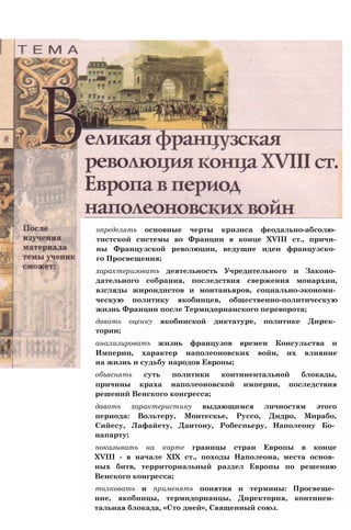 определять основные черты кризиса феодально-абсолю­
тистской системы во Франции в конце XVIII ст., причи­
ны Французской революции, ведущие идеи французско­
го Просвещения;
характеризовать деятельность Учредительного и Законо­
дательного собрания, последствия свержения монархии,
взгляды жирондистов и монтаньяров, социально-экономи­
ческую политику якобинцев, общественно-политическую
жизнь Франции после Термидорианского переворота;
давать оценку якобинской диктатуре, политике Дирек­
тории;
анализировать жизнь французов времен Консульства и
Империи, характер наполеоновских войн, их влияние
на жизнь и судьбу народов Европы;
объяснять суть политики континентальной блокады,
причины краха наполеоновской империи, последствия
решений Венского конгресса;
давать характеристику выдающимся личностям этого
периода: Вольтеру, Монтескье, Руссо, Дидро, Мирабо,
Сийесу, Лафайету, Дантону, Робеспьеру, Наполеону Бо­
напарту;
показывать на карте границы стран Европы в конце
XVIII - в начале XIX ст., походы Наполеона, места основ­
ных битв, территориальный раздел Европы по решению
Венского конгресса;
толковать и применять понятия и термины: Просвеще­
ние, якобинцы, термидорианцы, Директория, континен­
тальная блокада, «Сто дней», Священный союз.
 