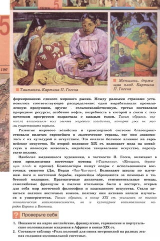 формированию единого мирового рынка. Между разными странами уста­
новилось соответствующее распределение: одни вырабатывали промыш­
ленную продукцию, другие - сельскохозяйственную, третьи поставляли
природные ресурсы, особенно нефть, потребность в которой в связи с тех­
ническим прогрессом возрастала с каждым годом. Таким образом, воз­
никла взаимосвязь всех звеньев мирового хозяйства, которые уже не мог­
ли существовать порознь.
Развитие мирового хозяйства и транспортной системы благоприят­
ствовали визитам европейцев в экзотические страны, где они знакоми­
лись с их культурой и искусством. Это оказало большое влияние на евро­
пейское искусство. Во второй половине XIX ст. возникает мода на китай­
скую и японскую живопись, индийское танцевальное искусство, персид­
скую поэзию.
Наиболее выдающиеся художники, в частности П. Гоген, включают в
свои произведения восточные мотивы («Таитянки», «Женщина, держа­
щая плод» и прочие). Композиторы пишут оперы с использованием вос­
точных сюжетов (Дж. Верди «Чио-Чио-сан»). Возникают школы по изуче­
нию йоги и восточной борьбы, европейцы обращаются за помощью к ти­
бетской медицине. Прагматичные англичане, сентиментальные немцы,
самолюбивые французы и пылкие итальянцы были в восторге, открыв
для себя мир восточной философии и изысканного искусства. Стали це­
ниться знатоки восточных языков, поэтому они активно начали изучать­
ся в университетах. Таким образом, в конце XIX ст. усилилась не только
экономическая взаимозависимость, но и культурное взаимовлияние на­
родов Европы и Востока.
1. Покажите на карте английские, французские, германские и португаль­
ские колониальные владения в Африке в конце XIX ст.
2. Составьте таблицу «Роль колоний для своих метрополий на разных эта­
пах создания колониальной системы».
 