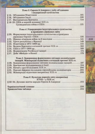 .........3
. ....... 4
.. ..... 15
Typa .• 23
.... .... 32
.. . . .... 37
.... .... 49
.ThHi
........ 55
.. . ..... 59
. ....... 66
........ 71
. ....... 74
.. ...... 80
... ..... 86
TeMa 3. espona ii AMepmta y ;:i;o6y o6'€)1;H3HHH
i Mo;:i;epuiaau;ii' cycniJILCTBa
§ 15. 06'e,n;aaHHSI HiMetitIHHH .•.•.•••....•••••••••.•.••.••••... 101
§ 16. 06'e,n;HaHHSI lTaJii'i .•••••••••••..••••.•..••••••.•.••.••... 108
§ 17. BiKTopiaHcLKa BpHTaaia•...•••••••••••.•••.•••••.••••..•• 114
§ 18-19. CIIIA B rrepmiH IJOJIOBHHi XIX CT.
rpoMa,11;.HHCbKa BiHHa B CIIIA .••••.••••••.••.••.•.••.•••. 121
TeMa 4. YTuep;:i;ateHHH iu;:i;ycTpiaJILHoro cycniJILCTBa
BnpoBi.ZJ;HHX ,n;ep~aBax CBiTy
§ 20. <t>opMyBaHHSI ia,n;ycTpiaJibHOro cycrriJibCTBa B rrpoBi,l.l;HHX
,n;epmaBax €BporrH i CIIIA •••.•••••••.•••••••.•••..•..•.••• 135
§ 21. <t>paHKO-HiMeD;hKa BiHHa Ta lI HaCJii,l.l;KH ••••••.•••.••.•••...•• 141
§ 22. TpeTa peCIJy6JiiKa y <t>paH:a;i'i •••.••...•••••.•••...•........ 149
§ 23. HiMetitIHHa B 1871-1900 pp•••...•••.•..•••.•..••••.•...... 155
§ 24. BeJIHKa BpHTaHia B ocTaHHiH TpeTHHi XIX CT•.•••.••.•.......• 162
§ 25. CIIIA B 1877-1900 pp•.•.••••.•••••..••••.•••••.••..••••.• 168
§ 26. Mo,n;epHiaa:a;is.r PociHchKO'iiMrrepi'i •••.••.•.••••.•••.•...•.••• 174
§ 27. ,IJ;o6a «Meii,n;ai» B HrroHi'i •••.•••••..••.•..••.•••••••••••••• 179
TeMa 5. 3asepmeum1 4>opMyBaHHH csiTosux KOJiouiaJILHHX
iMnepiii. Mimuapo;:i;ui ui;:i;uocuuu B ocTaHHiH TpeTHHi XIX CT.
§ 28. 3auepmeHHH <lJopMyBaHHSI CBiTOBHX KOJIOHiaJibHHX iMrrepiH •.•.••• 187
§ 29. BpHTaHCLKe BOJio,n;aproBaHHSI B IH,n;ii •.•..•••••.•••••..•.•.•.• 194
§ 30. KHTaii y ,n;pyriH 110JIOBHHi XIX CT. • • • • • • • • • • • • . • • . . • • . . . . • • . 200 ·
§ 31. Hapo,n;H A<lJpHKH rri,n; BJia,11;010 eBporreiicbKHX KOJIOHiaaTopiB .••••••205
§ 32. MimHapo,n;Hi Bi,n;HOCHHH HarrpHKiH:a;i XIX CT••.•••.••.••••.•••.209
TeMa 6. KyJILTypa uapo;:i;is cuiTy uanpuKiuu;i
XVIII - y XIX CT.
§ 33-34. ,IJ;yxoBHe mHTTSI Hapo,n;iB €BporrH if AMepHKH ••.••.••.••.••• 215
TepMiHoJiori'IHHii CJIOBHHK ••.••••••.••.••••.•••.••.••.••.•••.• 226
XpouoJioriqua Ta6Jiuu;s: •••••••••••••••••.••.•••.••.••.•••••.•• 234
239
 