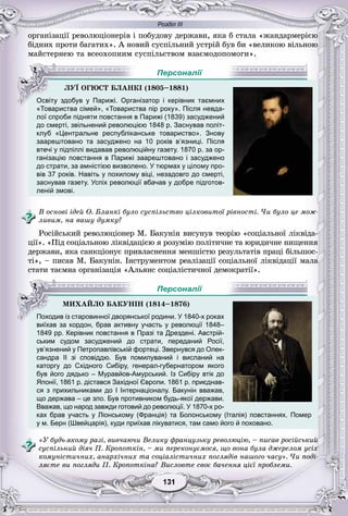 Розділ ІІІ
11131131131131131131
îðãàíіçàöії ðåâîëþöіîíåðіâ і ïîáóäîâó äåðæàâè, ÿêà á ñòàëà «æàíäàðìåðієþ
áіäíèõ ïðîòè áàãàòèõ». À íîâèé ñóñïіëüíèé óñòðіé áóâ áè «âåëèêîþ âіëüíîþ
ìàéñòåðíåþ òà âñåîõîïíèì ñóñïіëüñòâîì âçàєìîäîïîìîãè».
«Товариства сімей», «Товариства пір року». Після невда-
лої спроби підняти повстання в Парижі (1839) засуджений
до смерті, звільнений революцією 1848 р. Заснував політ-
клуб «Центральне республіканське товариство». Знову
заарештовано та засуджено на 10 років в’язниці. Після
втечі у підпіллі видавав революційну газету. 1870 р. за ор-
ганізацію повстання в Парижі заарештовано і засуджено
до страти, за амністією визволено. У тюрмах у цілому про-
вів 37 років. Навіть у похилому віці, незадовго до смерті,
заснував газету. Успіх революції вбачав у добре підготов-
леній змові.
Â îñíîâі іäåé Î. Áëàíêі áóëî ñóñïіëüñòâî öіëêîâèòîї ðіâíîñòі. ×è áóëî öå ìîæ-
ëèâèì, íà âàøó äóìêó?
Ðîñіéñüêèé ðåâîëþöіîíåð Ì. Áàêóíіí âèñóíóâ òåîðіþ «ñîöіàëüíîї ëіêâіäà-
öії». «Ïіä ñîöіàëüíîþ ëіêâіäàöієþ ÿ ðîçóìіþ ïîëіòè÷íå òà þðèäè÷íå íèùåííÿ
äåðæàâè, ÿêà ñàíêöіîíóє ïðèâëàñíåííÿ ìåíøіñòþ ðåçóëüòàòіâ ïðàöі áіëüøîñ-
òі», – ïèñàâ Ì. Áàêóíіí. Іíñòðóìåíòîì ðåàëіçàöії ñîöіàëüíîї ëіêâіäàöії ìàëà
ñòàòè òàєìíà îðãàíіçàöіÿ «Àëüÿíñ ñîöіàëіñòè÷íîї äåìîêðàòії».
виїхав за кордон, брав активну участь у революції 1848–
1849 рр. Керівник повстання в Празі та Дрездені. Австрій-
ським судом засуджений до страти, переданий Росії,
ув’язнений у Петропавлівській фортеці. Звернувся до Олек-
сандра II зі сповіддю. Був помилуваний і висланий на
каторгу до Східного Сибіру, генерал-губернатором якого
був його дядько – Муравйов-Амурський. Із Сибіру втік до
Японії, 1861 р. дістався Західної Європи. 1861 р. приєднав-
ся з прихильниками до І Інтернаціоналу. Бакунін вважав,
що держава – це зло. Був противником будь-якої держави.
Вважав, що народ завжди готовий до революції. У 1870-х ро-
ках брав участь у Ліонському (Франція) та Болонському (Італія) повстаннях. Помер
у м. Берн (Швейцарія), куди приїхав лікуватися, там само його й поховано.
«Ó áóäü-ÿêîìó ðàçі, âèâ÷àþ÷è Âåëèêó ôðàíöóçüêó ðåâîëþöіþ, – ïèñàâ ðîñіéñüêèé
ñóñïіëüíèé äіÿ÷ Ï. Êðîïîòêіí, – ìè ïåðåêîíóєìîñÿ, ùî âîíà áóëà äæåðåëîì óñіõ
êîìóíіñòè÷íèõ, àíàðõі÷íèõ òà ñîöіàëіñòè÷íèõ ïîãëÿäіâ íàøîãî ÷àñó». ×è ïîäі-
ëÿєòå âè ïîãëÿäè Ï. Êðîïîòêіíà? Âèñëîâòå ñâîє áà÷åííÿ öієї ïðîáëåìè.
ËÓЇ ÎÃÞÑÒ ÁËÀÍÊІ (1805–1881)
Освіту здобув у Парижі. Організатор і керівник таємних
Персоналії
ÌÈÕÀÉËÎ ÁÀÊÓÍІÍ (1814–1876)
Походив із старовинної дворянської родини. У 1840-х роках
Персоналії
 