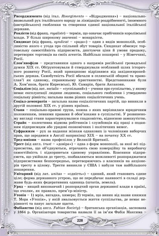 228228
Ðèñîðäæèìåíòî (âіä іòàë. Risorgimento – «Âіäðîäæåííÿ») – íàöіîíàëüíî-
âèçâîëüíèé ðóõ іòàëіéñüêîãî íàðîäó çà ëіêâіäàöіþ ðîçäðіáíåíîñòі, іíîçåìíîãî
(àâñòðіéñüêîãî) ãíîáëåííÿ òà ñòâîðåííÿ єäèíîї íàöіîíàëüíîї іòàëіéñüêîї
äåðæàâè.
Ðîÿëіñòè (âіä ôðàíö. royaliste) – òåðìіí, ùî îçíà÷àє ïðèáі÷íèêіâ êîðîëіâñüêîї
âëàäè. Ó áіëüø øèðîêîìó çíà÷åííі – ìîíàðõіñòè.
Ñèíäèêàò (âіä ôðàíö. syndicat – «ðàäà») – îäèí ç âèäіâ ìîíîïîëіé, îñîá-
ëèâіñòþ ÿêîãî є óãîäà ïðî ñïіëüíèé çáóò òîâàðіâ. Ñèíäèêàò îáìåæóє òîð-
ãîâåëüíó ñàìîñòіéíіñòü ïіäïðèєìñòâ, äèêòóþ÷è öіíè é óìîâè ïðîäàæó,
ïåðåòâîðþє òîðãîâöіâ íà ñâîїõ àãåíòіâ. Íàéáіëüø ïîøèðåíі – ó Íіìå÷÷èíі,
Ðîñії.
Ñëîâ’ÿíîôіëè – ïðåäñòàâíèêè îäíîãî ç íàïðÿìіâ ðîñіéñüêîї ãðîìàäñüêîї
äóìêè XIX ñò. Îáґðóíòîâóâàëè é ñòâåðäæóâàëè îñîáëèâèé øëÿõ іñòîðè÷-
íîãî ðîçâèòêó Ðîñії, ÿêèé ïðèíöèïîâî âіäðіçíÿâñÿ âіä çàõіäíîєâðîïåé-
ñüêèõ äåðæàâ. Ñàìîáóòíіñòü Ðîñії âáà÷àëè â ñåëÿíñüêіé îáùèíі òà ïðàâî-
ñëàâ’ї ÿê єäèíîìó, ñïðàâæíüîìó õðèñòèÿíñòâі. Ïðåäñòàâíèêàìè áóëè
À. Õîì’ÿêîâ, áðàòè Êèðåєâñüêі, Þ. Ñàìàðіí, áðàòè Àêñàêîâè.
Ñîöіàëіçì (âіä ëàò. socialis – «ñóñïіëüíèé») – ó÷åííÿ ïðî ñóñïіëüñòâî, ó ÿêîìó
íåìàє åêñïëóàòàöії ëþäèíè ëþäèíîþ, ñîöіàëüíîãî ãíîáëåííÿ і óòâåðäæåíî
ñîöіàëüíó ðіâíіñòü; íàãàëüíà íàçâà ðіçíèõ ñîöіàëіñòè÷íèõ ó÷åíü.
Ñîöіàë-äåìîêðàòіÿ – çàãàëüíà íàçâà ñîöіàëіñòè÷íèõ ïàðòіé, ùî âèíèêëè â
äðóãіé ïîëîâèíі XIX ñò. ó ðіçíèõ êðàїíàõ.
Ñòàíè – ñîöіàëüíî-ïðàâîâі ãðóïè, êîæíà ç ÿêèõ âèðіçíÿëàñÿ þðèäè÷íèì
ïîëîæåííÿì, ïåâíèìè ïðàâàìè é îáîâ’ÿçêàìè â ñóñïіëüñòâі. Ó ðîçâèíåíî-
ìó âèãëÿäі ñòàíè õàðàêòåðèçóâàëèñÿ ñïàäêîâіñòþ, âіäíîñíîþ çàìêíóòіñòþ.
Ñòðàéê – êîëåêòèâíà âіäìîâà ðîáіòíèêіâ і ñëóæáîâöіâ âіä ïðàöі ç ïîäàí-
íÿì ïіäïðèєìöÿì àáî óðÿäîâі åêîíîìі÷íèõ і ïîëіòè÷íèõ âèìîã.
Ñóôðàæèçì – ðóõ çà íàäàííÿ æіíêàì îäíàêîâèõ іç ÷îëîâіêàìè âèáîð÷èõ
ïðàâ, ùî çàðîäèâñÿ â Àíãëії íàïðèêіíöі XIX – íà ïî÷àòêó XX ñò.
Òðåä-þíіîíè – íàçâà ïðîôñïіëîê ó Âåëèêіé Áðèòàíії.
Òðåñò (âіä àíãë. trust – «äîâіðà») – îäíà ç ôîðì ìîíîïîëії, çà ÿêîї âñі ïіä-
ïðèєìñòâà, ùî îá’єäíóþòüñÿ, âòðà÷àþòü ñâîþ êîìåðöіéíó òà âèðîáíè÷ó
ñàìîñòіéíіñòü і ïіäêîðÿþòüñÿ єäèíîìó óïðàâëіííþ. Âëàñíèêè ïіäïðè-
єìñòâ, ùî óâіéøëè äî òðåñòó, ïîçáàâëÿþòüñÿ ìîæëèâîñòі ðîçïîðÿäæàòèñÿ
ïіäïðèєìñòâàìè áåçïîñåðåäíüî, ïåðåòâîðþþ÷èñü ç âëàñíèêіâ íà àêöіîíå-
ðіâ òðåñòó â öіëîìó. Òðåñòè âèíèêëè ó ÑØÀ і íàáóëè òàì íàéáіëüøîãî
ïîøèðåííÿ.
Óíіòàðíèé (âіä ëàò. unitas – «єäíіñòü») – єäèíèé, ÿêèé ñòàíîâèòü єäèíå
öіëå; ôîðìà äåðæàâíîãî óñòðîþ, ùî íå ïåðåäáà÷àє íàÿâíîñòі â ñêëàäі äåð-
æàâè áóäü-ÿêèõ ôåäåðàòèâíèõ îäèíèöü (øòàòіâ, çåìåëü).
Óðÿä – âèùèé âèêîíàâ÷èé і ðîçïîðÿä÷èé îðãàí äåðæàâíîї âëàäè â êðàїíі,
ùî î÷îëþє, ÿê ïðàâèëî, ïðåì’єð-ìіíіñòð.
Óòîïіÿ – 1) ìðіÿ, âèãàäêà, õèìåðà; 2) òåðìіí, ùî âèíèê âіä íàçâè êíèæêè
Ò. Ìîðà «Óòîïіÿ», ó ÿêіé çìàëüîâóєòüñÿ æèòòÿ ñóñïіëüñòâà, äå íåìàє íå-
ðіâíîñòі òà ïàíóє çàãàëüíå ùàñòÿ.
Ôàáіàíñòâî (âіä àíãë. Fabian Society) – áðèòàíñüêà îðãàíіçàöіÿ, çàñíîâàíà
ó 1864 ð. Îðãàíіçàòîðè òîâàðèñòâà íàçâàëè її çà іì’ÿì Ôàáіÿ Ìàêñèìà –
 