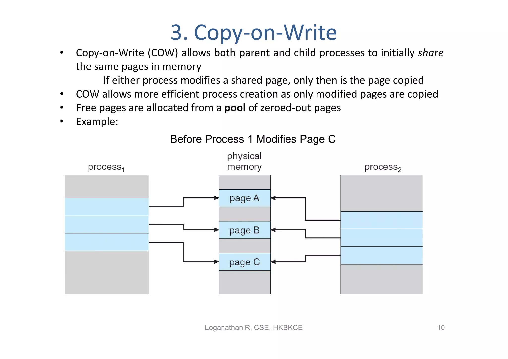 3. Copy-on-Write
•   Copy-on-Write (COW) allows both parent and child processes to initially share
    the same pages in memory
          If either process modifies a shared page, only then is the page copied
•   COW allows more efficient process creation as only modified pages are copied
•   Free pages are allocated from a pool of zeroed-out pages
•   Example:
                       Before Process 1 Modifies Page C




                              Loganathan R, CSE, HKBKCE                        10
 