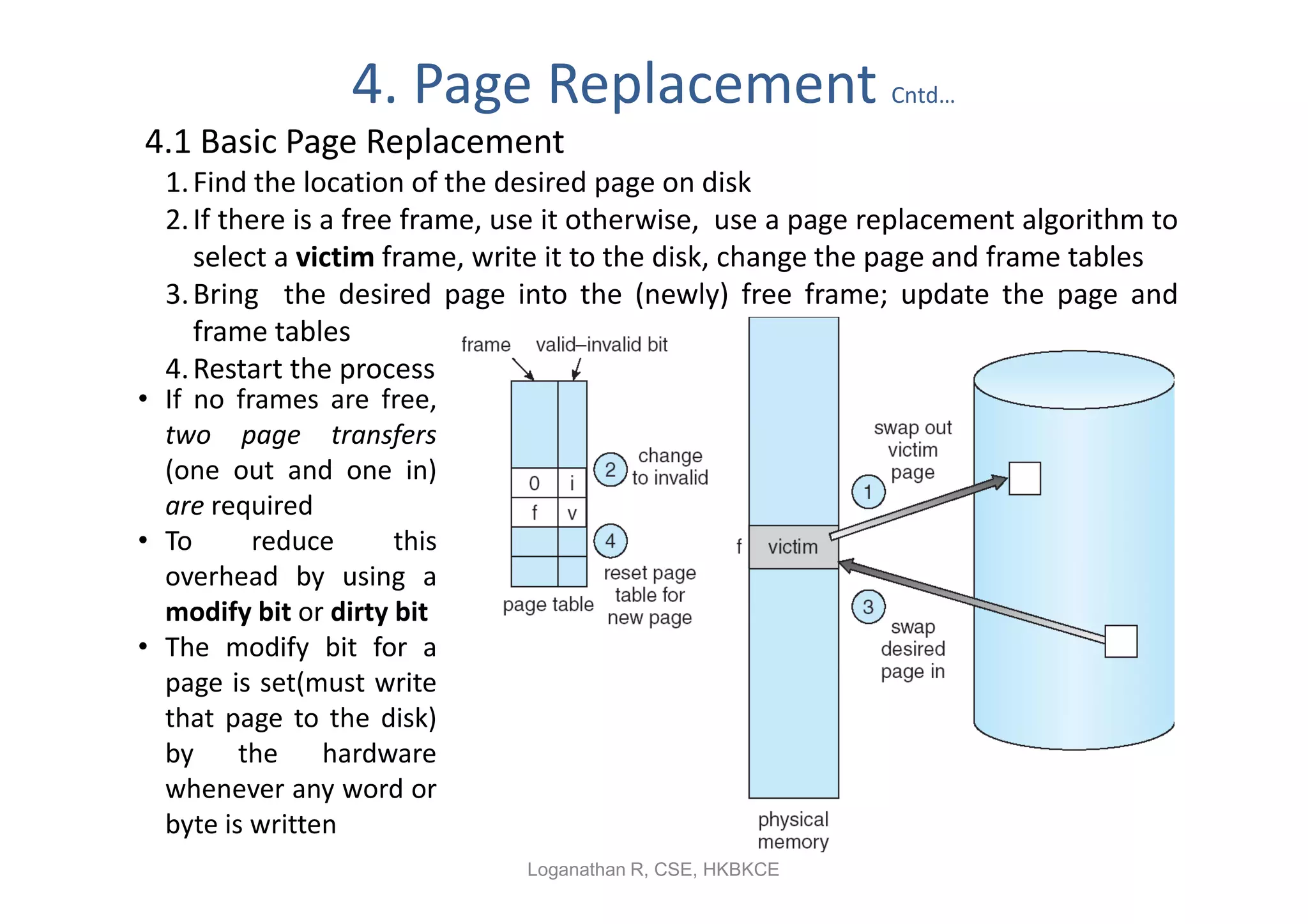 4. Page Replacement                       Cntd…

4.1 Basic Page Replacement
  1. Find the location of the desired page on disk
  2. If there is a free frame, use it otherwise, use a page replacement algorithm to
     select a victim frame, write it to the disk, change the page and frame tables
  3. Bring the desired page into the (newly) free frame; update the page and
     frame tables
  4. Restart the process
• If no frames are free,
  two page transfers
  (one out and one in)
  are required
• To      reduce      this
  overhead by using a
  modify bit or dirty bit
• The modify bit for a
  page is set(must write
  that page to the disk)
  by     the    hardware
  whenever any word or
  byte is written
                                                                               13
                               Loganathan R, CSE, HKBKCE
 