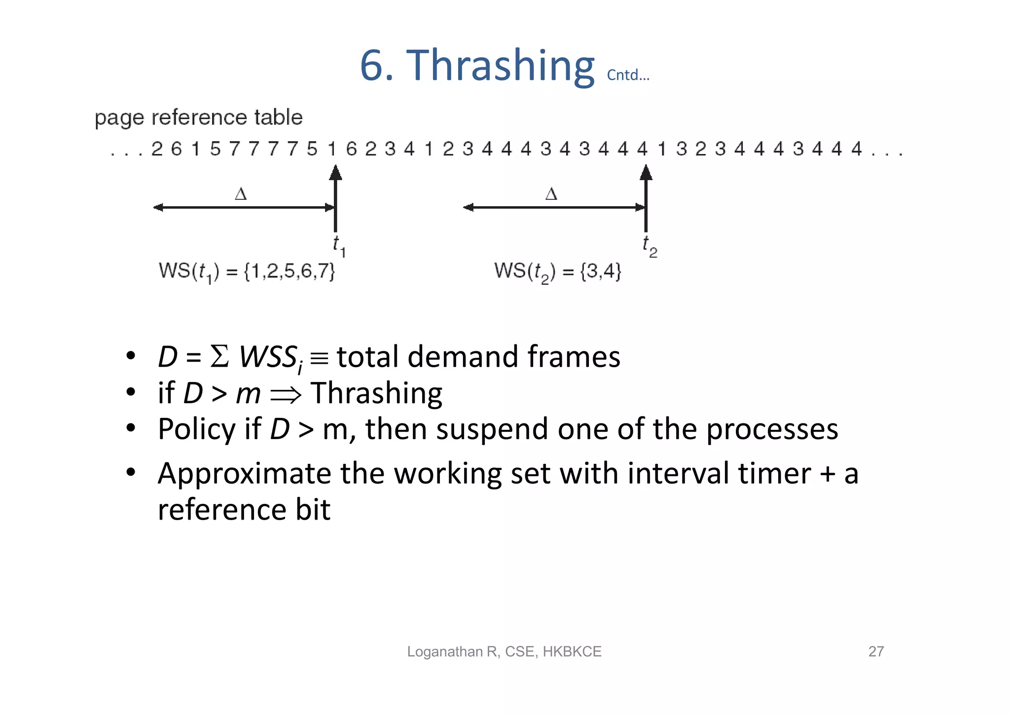 6. Thrashing                    Cntd…




•   D =  WSSi  total demand frames
•   if D > m  Thrashing
•   Policy if D > m, then suspend one of the processes
•   Approximate the working set with interval timer + a
    reference bit



                      Loganathan R, CSE, HKBKCE           27
 