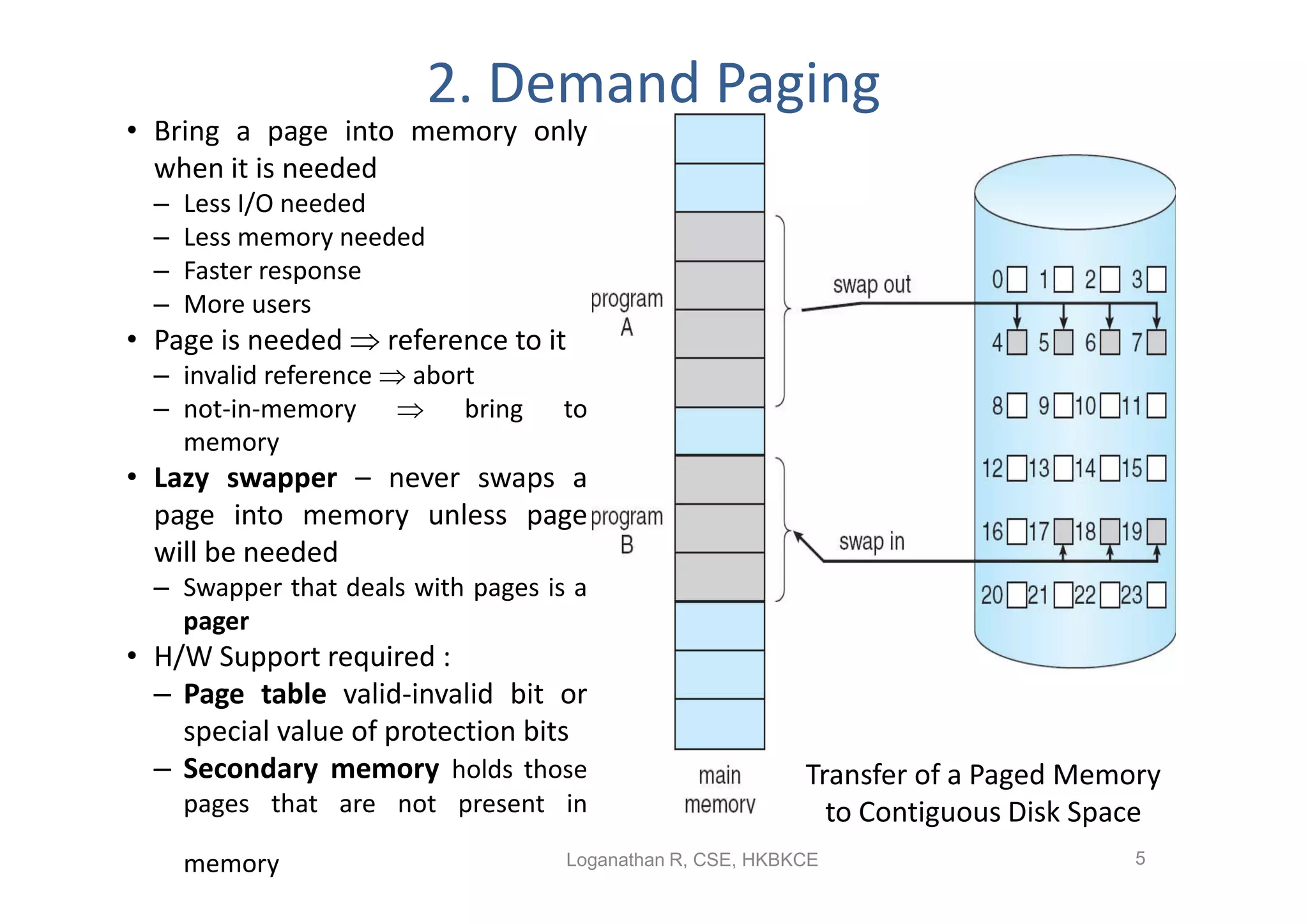 2. Demand Paging
• Bring a page into memory only
  when it is needed
  –   Less I/O needed
  –   Less memory needed
  –   Faster response
  –   More users
• Page is needed  reference to it
  – invalid reference  abort
  – not-in-memory  bring           to
    memory
• Lazy swapper – never swaps a
  page into memory unless page
  will be needed
  – Swapper that deals with pages is a
    pager
• H/W Support required :
  – Page table valid-invalid bit or
    special value of protection bits
  – Secondary memory holds those                           Transfer of a Paged Memory
      pages that are not present in                          to Contiguous Disk Space
      memory                        Loganathan R, CSE, HKBKCE                      5
 