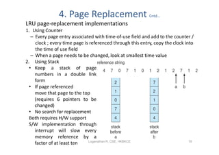 4. Page Replacement                         Cntd…
LRU page-replacement implementations
1. Using Counter
   – Every page en...