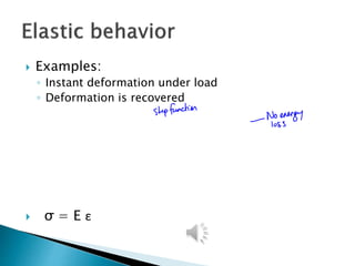  Examples:
◦ Instant deformation under load
◦ Deformation is recovered
 σ = E ε
 