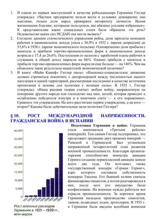 1. В одном из первых выступлений в качестве рейхсканцлера Германии Гитлер
утверждал: «Частное предприятие нельзя вести в условиях демократии; оно
мыслимо, только если народ привержен авторитету личности. Всеми
жизненными благами, которыми пользуемся, мы обязаны усилиям избранных».
К представителям каких социальных слоев была обращена эта речь?
Недовольство каких сил НСДАП она могла вызвать?
2. Согласно данным статистического управления рейха, доля зарплаты немецких
рабочих в национальном доходе упала с 56,9% в 1932 г. (время депрессии) до
53,6% в 1938 г. (время экономического подъема). Одновременно доля прибыли с
капитала и прибыли торгово-промышленных фирм в национальном доходе
возросла с 17,4 до 26,6%. Поступления от налогов с заработной платы рабочих и
служащих в общий доход выросли на 66%. Однако прибыли с капитала и
прибыли торгово-промышленных фирм выросли еще больше — на 146%. Чем вы
объясните такие результаты нацистской экономической политики?
3. В книге «Майн Кампф» Гитлер писал: «Национал-социалистское движение
должно стремиться покончить с диспропорцией между численностью нашего
населения и нашей территорией, рассматривая последнюю в качестве источника
пропитания и основы для политики с позиции силы». В 1935 г. Гитлер
утверждал: «Наша расовая теория считает любую войну, направленную на
покорение другого народа или господство над ним, затеей, которая приводит к
ослаблению победителя изнутри и в конечном счете — к его поражению».
Сравните эти утверждения. На кого рассчитано первое утверждение, а на кого —
второе? Каковы были действительные цели политики Гитлера?
§ 10. РОСТ МЕЖДУНАРОДНОЙ НАПРЯЖЕННОСТИ.
ГРАЖДАНСКАЯ ВОЙНА В ИСПАНИИ
Подготовка Германии к войне. Германия
стала именоваться «Третьим рейхом»
(империей). Тем самым Гитлер подчеркивал, что
продолжает традицию двух прежних империй —
Римской и Германской. Был установлен
напряженный четырехлетний план развития
военной промышленности. Благодаря организа-
торским способностям министра авиации
Геринга создание первоклассной авиации заняло
всего два года. Он возглавил также
государственный концерн «Герман Геринг»,
ядро которого составила собственность
концерна Тиссена. Его бывший хозяин сначала
финансировал нацистов, а потом разочаровался в
них, после чего его имущество было
конфисковано. На военные нужды работали все
отрасли промышленности. За короткое время
Германия наладила производство самолетов,
танков, подводных лодок, артиллерии. В 1935 г.
в Германии была введена всеобщая воинская
 