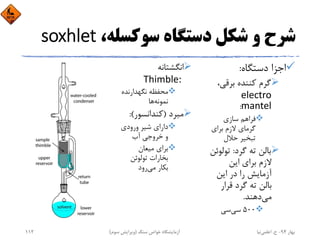 ،‫ﺳﻮﻛﺴﻠﻪ‬ ‫دﺳﺘﮕﺎه‬ ‫ﺷﻜﻞ‬ ‫و‬ ‫ﺷﺮح‬soxhlet
‫دﺳﺘﮕﺎه‬ ‫اﺟﺰا‬:
،‫ﺑﺮﻗﻲ‬ ‫ﻛﻨﻨﺪه‬ ‫ﮔﺮم‬
electro 
mantel:
‫ﺳﺎزي‬ ‫ﻓﺮاﻫﻢ‬
‫ﺑﺮاي‬ ‫ﻻزم‬ ‫ﮔﺮﻣﺎي‬
‫ﺣﻼل‬ ‫ﺗﺒﺨﻴﺮ‬
‫ﮔﺮد‬ ‫ﺗﻪ‬ ‫ﺑﺎﻟﻦ‬:‫ﺗﻮﻟﻮ‬‫ﺋﻦ‬
‫اﻳﻦ‬ ‫ﺑﺮاي‬ ‫ﻻزم‬
‫اﻳﻦ‬ ‫در‬ ‫را‬ ‫آزﻣﺎﻳﺶ‬
‫ﻗﺮار‬ ‫ﮔﺮد‬ ‫ﺗﻪ‬ ‫ﺑﺎﻟﻦ‬
‫ﻣﻲ‬‫دﻫﻨﺪ‬.
500‫ﺳﻲ‬‫ﺳﻲ‬
‫اﻧﮕﺸﺘﺎﻧﻪ‬
Thimble: 
‫ﻧﮕﻬﺪارﻧﺪه‬ ‫ﻣﺤﻔﻈﻪ‬
‫ﻧﻤﻮﻧﻪ‬‫ﻫﺎ‬
‫ﻣﺒﺮد‬)‫ﻛﻨﺪاﻧﺴﻮر‬:(
‫ورودي‬ ‫ﺷﻴﺮ‬ ‫داراي‬
‫آب‬ ‫ﺧﺮوﺟﻲ‬ ‫و‬
‫ﻣﻴﻌﺎن‬ ‫ﺑﺮاي‬
‫ﺗﻮﻟﻮﺋﻦ‬ ‫ﺑﺨﺎرات‬
‫ﻣﻲ‬ ‫ﺑﻜﺎر‬‫رود‬
‫ﺑﻬﺎر‬94-‫ح‬.‫اﻋﻠﻤﻲ‬‫ﻧﻴﺎ‬‫ﺳﻨﮓ‬ ‫ﺧﻮاص‬ ‫آزﻣﺎﻳﺸﮕﺎه‬)‫ﺳﻮم‬ ‫وﻳﺮاﻳﺶ‬(112
 