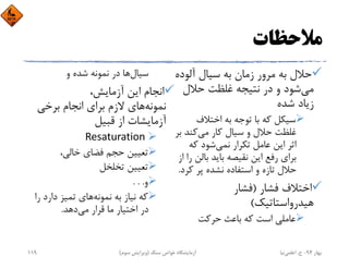 ‫ﻣﻼﺣﻈﺎت‬
‫آﻟﻮد‬ ‫ﺳﻴﺎل‬ ‫ﺑﻪ‬ ‫زﻣﺎن‬ ‫ﻣﺮور‬ ‫ﺑﻪ‬ ‫ﺣﻼل‬‫ه‬
‫ﻣﻲ‬‫ﺣﻼل‬ ‫ﻏﻠﻈﺖ‬ ‫ﻧﺘﻴﺠﻪ‬ ‫در‬ ‫و‬ ‫ﺷﻮد‬
‫ﺷﺪه‬ ‫زﻳﺎد‬
‫اﺧﺘﻼف‬ ‫ﺑﻪ‬ ‫ﺗﻮﺟﻪ‬ ‫ﺑﺎ‬ ‫ﻛﻪ‬ ‫ﺳﻴﻜﻞ‬
‫ﻣﻲ‬ ‫ﻛﺎر‬ ‫ﺳﻴﺎل‬ ‫و‬ ‫ﺣﻼل‬ ‫ﻏﻠﻈﺖ‬‫ﺑ‬ ‫ﻛﻨﺪ‬‫ﺮ‬
‫ﻧﻤﻲ‬ ‫ﺗﻜﺮار‬ ‫ﻋﺎﻣﻞ‬ ‫اﻳﻦ‬ ‫اﺛﺮ‬‫ﻛﻪ‬ ‫ﺷﻮد‬
‫ﺑﺎﻟﻦ‬ ‫ﺑﺎﻳﺪ‬ ‫ﻧﻘﻴﺼﻪ‬ ‫اﻳﻦ‬ ‫رﻓﻊ‬ ‫ﺑﺮاي‬‫از‬ ‫را‬
‫ﻛ‬ ‫ﭘﺮ‬ ‫ﻧﺸﺪه‬ ‫اﺳﺘﻔﺎده‬ ‫و‬ ‫ﺗﺎزه‬ ‫ﺣﻼل‬‫ﺮد‬.
‫ﻓﺸﺎر‬ ‫اﺧﺘﻼف‬)‫ﻓﺸﺎر‬
‫ﻫﻴﺪرواﺳﺘﺎﺗﻴﻚ‬(
‫ﺣﺮﻛﺖ‬ ‫ﺑﺎﻋﺚ‬ ‫ﻛﻪ‬ ‫اﺳﺖ‬ ‫ﻋﺎﻣﻠﻲ‬
‫ﺳﻴﺎل‬‫و‬ ‫ﺷﺪه‬ ‫ﻧﻤﻮﻧﻪ‬ ‫در‬ ‫ﻫﺎ‬
،‫آزﻣﺎﻳﺶ‬ ‫اﻳﻦ‬ ‫اﻧﺠﺎم‬
‫ﻧﻤﻮﻧﻪ‬‫ﺑﺮﺧﻲ‬ ‫اﻧﺠﺎم‬ ‫ﺑﺮاي‬ ‫ﻻزم‬ ‫ﻫﺎي‬
‫ﻗﺒﻴﻞ‬ ‫از‬ ‫آزﻣﺎﻳﺸﺎت‬
Resaturation 
‫ﺧﺎﻟﻲ‬ ‫ﻓﻀﺎي‬ ‫ﺣﺠﻢ‬ ‫ﺗﻌﻴﻴﻦ‬، 
‫ﺗﺨﻠﺨﻞ‬ ‫ﺗﻌﻴﻴﻦ‬
‫و‬. . .
‫ﻧﻤﻮﻧﻪ‬ ‫ﺑﻪ‬ ‫ﻧﻴﺎز‬ ‫ﻛﻪ‬‫ر‬ ‫دارد‬ ‫ﺗﻤﻴﺰ‬ ‫ﻫﺎي‬‫ا‬
‫ﻣﻲ‬ ‫ﻗﺮار‬ ‫ﻣﺎ‬ ‫اﺧﺘﻴﺎر‬ ‫در‬‫دﻫﺪ‬.
‫ﺑﻬﺎر‬94-‫ح‬.‫اﻋﻠﻤﻲ‬‫ﻧﻴﺎ‬‫ﺳﻨﮓ‬ ‫ﺧﻮاص‬ ‫آزﻣﺎﻳﺸﮕﺎه‬)‫ﺳﻮم‬ ‫وﻳﺮاﻳﺶ‬(119
 