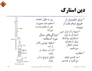 ‫اﺳﺘﺎرك‬ ‫دﻳﻦ‬
‫از‬ ‫اﻃﻤﻴﻨﺎن‬ ‫ﺑﺮاي‬
‫از‬ ‫ﻧﻔﺖ‬ ‫ﺗﻤﺎم‬ ‫ﺧﺮوج‬
،‫ﻧﻤﻮﻧﻪ‬
‫دﻳﻦ‬ ‫اﺑﺰار‬ ‫از‬ ‫را‬ ‫ﻧﻤﻮﻧﻪ‬
‫اﺑﺰار‬ ‫ﺑﻪ‬ ‫اﺳﺘﺎرك‬
‫ﺳﻮﻛﺴﻠﻪ‬ ‫اﺳﺘﺨﺮاج‬
‫اﺳﺘﺨﺮاج‬ ‫ﺑﺮاي‬
‫اﻧﺘﻘﺎل‬ ‫ﺑﻴﺸﺘﺮ‬
‫ﻣﻲ‬‫دﻫﻴﻢ‬.
‫ﻣﻌﺎﻳﺐ‬
‫اﻧﺠﺎم‬ ‫ﻛﻨﺪي‬ ‫ﺑﻪ‬
‫ﻣﻲ‬‫ﭼﻨﺪﻳﻦ‬ ‫و‬ ‫ﮔﻴﺮد‬
‫اﻧﺠﺎﻣﺪ‬ ‫ﻃﻮل‬ ‫ﺑﻪ‬ ‫روز‬
‫ﺑﺼﻮرت‬ ‫ﻧﻔﺖ‬ ‫ﺣﺠﻢ‬
‫ﺑﺪﺳ‬ ‫ﻣﺴﺘﻘﻴﻢ‬ ‫ﻏﻴﺮ‬‫ﺖ‬
‫ﻣﻲ‬‫آﻳﺪ‬
‫وﻳﮋﮔﻲ‬‫ﺳﻴﺎل‬ ‫ﻫﺎي‬
‫اﺳﺘﻔﺎده‬ ‫ﻣﻮرد‬:
‫ﺑﺎﻻﺗ‬ ‫ﺟﻮﺷﻲ‬ ‫ﻧﻘﻄﻪ‬‫ﺮ‬
‫آب‬ ‫از‬
‫ﺗﺮ‬ ‫ﺳﺒﻚ‬ ‫آب‬ ‫از‬
‫ﺑﺎﺷﺪ‬
‫آب‬ ‫ﺑﺎ‬ ‫اﻣﺘﺰاج‬ ‫ﻗﺎﺑﻞ‬
‫ﺑﺎﺷﺪ‬.
‫اﺳﺘﺎرك‬ ‫دﻳﻦ‬ ‫اﺑﺰار‬
‫ﺑﻬﺎر‬94-‫ح‬.‫اﻋﻠﻤﻲ‬‫ﻧﻴﺎ‬‫ﺳﻨﮓ‬ ‫ﺧﻮاص‬ ‫آزﻣﺎﻳﺸﮕﺎه‬)‫ﺳﻮم‬ ‫وﻳﺮاﻳﺶ‬(143
 