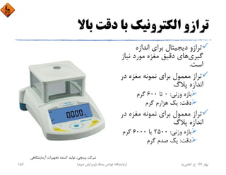 ‫ﺑﺎﻻ‬ ‫دﻗﺖ‬ ‫ﺑﺎ‬ ‫اﻟﻜﺘﺮوﻧﻴﻚ‬ ‫ﺗﺮازو‬
‫اﻧﺪازه‬ ‫ﺑﺮاي‬ ‫دﻳﺠﻴﺘﺎل‬ ‫ﺗﺮازو‬
‫ﮔﻴﺮي‬‫ﻧﻴﺎز‬ ‫ﻣﻮرد‬ ‫ﻣﻐﺰه‬ ‫دﻗﻴﻖ‬ ‫ﻫﺎي‬
‫اﺳﺖ‬.
‫در‬ ‫ﻣﻐﺰه‬ ‫ﻧﻤﻮﻧﻪ‬ ‫ﺑﺮاي‬ ‫ﻣﻌﻤﻮل‬ ‫ﺗﺮاز‬
‫ﭘﻼگ‬ ‫اﻧﺪازه‬
‫وزﻧﻲ‬ ‫ﺑﺎزه‬:0‫ﺗﺎ‬600‫ﮔﺮم‬
‫دﻗﺖ‬:‫ﮔﺮم‬ ‫ﻫﺰارم‬ ‫ﻳﻚ‬
‫در‬ ‫ﻣﻐﺰه‬ ‫ﻧﻤﻮﻧﻪ‬ ‫ﺑﺮاي‬ ‫ﻣﻌﻤﻮل‬ ‫ﺗﺮاز‬
‫ﭘﻼگ‬ ‫اﻧﺪازه‬
‫وزﻧﻲ‬ ‫ﺑﺎزه‬:2500‫ﻳﺎ‬6000‫ﮔﺮم‬
‫دﻗﺖ‬:‫ﮔﺮم‬ ‫ﺻﺪم‬ ‫ﻳﻚ‬
‫آزﻣﺎﻳﺸﮕﺎﻫﻲ‬ ‫ﺗﺠﻬﻴﺰات‬ ‫ﻛﻨﻨﺪه‬ ‫ﺗﻮﻟﻴﺪ‬ ،‫وﻳﻨﭽﻲ‬ ‫ﺷﺮﻛﺖ‬
‫ﺑﻬﺎر‬94-‫ح‬.‫اﻋﻠﻤﻲ‬‫ﻧﻴﺎ‬‫ﺳﻨﮓ‬ ‫ﺧﻮاص‬ ‫آزﻣﺎﻳﺸﮕﺎه‬)‫ﺳﻮم‬ ‫وﻳﺮاﻳﺶ‬(156
 