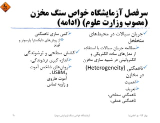 ‫ﻣﺨﺰن‬ ‫ﺳﻨﮓ‬ ‫ﺧﻮاص‬ ‫آزﻣﺎﻳﺸﮕﺎه‬ ‫ﺳﺮﻓﺼﻞ‬
)‫ﻋﻠﻮم‬ ‫وزارت‬ ‫ﻣﺼﻮب‬) (‫اداﻣﻪ‬(
‫ﻣﺤﻴﻂ‬ ‫در‬ ‫ﺳﻴﺎﻻت‬ ‫ﺟﺮﻳﺎن‬‫ﻫﺎي‬
‫ﻣﺘﺨﻠﺨﻞ‬
‫اﺳﺘﻔﺎ‬ ‫ﺑﺎ‬ ‫ﺳﻴﺎﻻت‬ ‫ﺟﺮﻳﺎن‬ ‫ﻣﻄﺎﻟﻌﻪ‬‫ده‬
‫ﻣﺪل‬ ‫از‬‫و‬ ‫اﻟﻜﺘﺮﻳﻜﻲ‬ ‫ﺳﺎده‬ ‫ﻫﺎي‬
‫ﻣﺨ‬ ‫ﺳﺎزي‬ ‫ﺷﺒﻴﻪ‬ ‫در‬ ‫اﻟﻜﺘﺮوﻟﻴﺘﻲ‬‫ﺰن‬
‫ﻧﺎﻫﻤﮕﻨﻲ‬(Heterogeneity) 
‫در‬‫ﻣﺨﺎزن‬
‫اﻫﻤﻴﺖ‬
‫ﺗﻌﺮﻳﻒ‬
‫ﻧﺎﻫﻤﮕﻨﻲ‬،‫ﺳﻄﺤﻲ‬
‫ﻧﺎﻫﻤﮕﻨﻲ‬،‫ﻋﻤﻘﻲ‬
‫ﻛﻤﻲ‬‫ﻧﺎﻫﻤﮕﻨﻲ‬ ‫ﺳﺎزي‬
‫از‬‫روش‬‫داﻳﻜﺴﺘﺮا‬ ‫ﻫﺎي‬‫ﭘﺎرﺳﻮﻧﺮ‬‫و‬
‫ﻟﻮرﻧﺰ‬
‫ﻛﺸﺶ‬‫ﺳﻄﺤﻲ‬‫و‬‫ﺗﺮﺷﻮﻧﺪﮔﻲ‬
‫اﻧﺪازه‬‫ﮔﻴﺮي‬،‫ﺗﺮﺷﻮﻧﺪﮔﻲ‬
‫روش‬‫آﻣﻮت‬ ‫ﺷﺎﺧﺺ‬ ‫ﻫﺎي‬
‫و‬USBM،
‫آﻣﻮت‬‫ﻫﺎروي‬
‫و‬‫زاوﻳﻪ‬‫ﺗﻤﺎس‬
‫ﺑﻬﺎر‬94-‫ح‬.‫اﻋﻠﻤﻲ‬‫ﻧﻴﺎ‬‫ﺳﻨﮓ‬ ‫ﺧﻮاص‬ ‫آزﻣﺎﻳﺸﮕﺎه‬)‫ﺳﻮم‬ ‫وﻳﺮاﻳﺶ‬(20
 