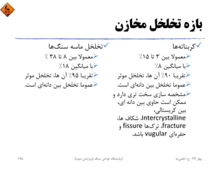 ‫ﻣﺨﺎزن‬ ‫ﺗﺨﻠﺨﻞ‬ ‫ﺑﺎزه‬
‫ﻛﺮﺑﻨﺎﺗﻪ‬‫ﻫﺎ‬
‫ﺑﻴﻦ‬ ‫ﻣﻌﻤﻮﻻ‬3‫ﺗﺎ‬15%
‫ﻣﻴﺎﻧﮕﻴﻦ‬ ‫ﺑﺎ‬8%
‫ﺗﻘﺮﻳﺒﺎ‬90%‫ﻣﻮﺛﺮ‬ ‫ﺗﺨﻠﺨﻞ‬ ،‫ﻫﺎ‬ ‫آن‬
‫داﻧﻪ‬ ‫ﺑﻴﻦ‬ ‫ﺗﺨﻠﺨﻞ‬ ‫ﻋﻤﻮﻣﺎ‬‫اﺳﺖ‬ ‫اي‬.
‫و‬ ‫دارد‬ ‫ﺗﺮي‬ ‫ﺳﺨﺖ‬ ‫ﺳﺎزي‬ ‫ﻣﺸﺨﺼﻪ‬
،‫اي‬ ‫داﻧﻪ‬ ‫ﺑﻴﻦ‬ ‫ﺣﺎوي‬ ‫اﺳﺖ‬ ‫ﻣﻤﻜﻦ‬
،‫ﻛﺮﻳﺴﺘﺎﻟﻲ‬ ‫ﺑﻴﻦ‬
Intercrystalline،‫ﻫﺎ‬ ‫ﺷﻜﺎف‬ ،
fracture‫ﺗﺮك‬ ،‫ﻫﺎ‬fissure‫و‬
‫ﺣﻔﺮه‬‫اي‬vugular‫ﺑﺎﺷﺪ‬.
‫ﺳﻨﮓ‬ ‫ﻣﺎﺳﻪ‬ ‫ﺗﺨﻠﺨﻞ‬‫ﻫﺎ‬
‫ﺑﻴﻦ‬ ‫ﻣﻌﻤﻮﻻ‬8‫ﺗﺎ‬38%
‫ﻣﻴﺎﻧﮕﻴﻦ‬ ‫ﺑﺎ‬18%
‫ﺗﻘﺮﻳﺒﺎ‬95%‫ﻣﻮﺛﺮ‬ ‫ﺗﺨﻠﺨﻞ‬ ،‫ﻫﺎ‬ ‫آن‬
‫داﻧﻪ‬ ‫ﺑﻴﻦ‬ ‫ﺗﺨﻠﺨﻞ‬ ‫ﻋﻤﻮﻣﺎ‬‫اﺳﺖ‬ ‫اي‬.
‫ﺑﻬﺎر‬94-‫ح‬.‫اﻋﻠﻤﻲ‬‫ﻧﻴﺎ‬‫ﺳﻨﮓ‬ ‫ﺧﻮاص‬ ‫آزﻣﺎﻳﺸﮕﺎه‬)‫ﺳﻮم‬ ‫وﻳﺮاﻳﺶ‬(198
 