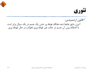 ‫ﺗﺌﻮري‬
‫ارﺷﻤﻴﺪس‬ ‫ﻗﺎﻧﻮن‬:
‫اﺳ‬ ‫ﺑﺮاﺑﺮ‬ ‫ﺳﻴﺎل‬ ‫ﻳﻚ‬ ‫در‬ ‫ﺟﺴﻢ‬ ‫ﻳﻚ‬ ‫ﺷﺪن‬ ‫ور‬ ‫ﻏﻮﻃﻪ‬ ‫ﻫﻨﮕﺎم‬ ‫ﺷﺪه‬ ‫ﺟﺎﺑﺠﺎ‬ ‫ﻣﺎﻳﻊ‬ ‫وزن‬‫ﺖ‬
‫وري‬ ‫ﻏﻮﻃﻪ‬ ‫ﻏﻴﺮ‬ ‫ﺣﺎﻟﺖ‬ ‫در‬ ‫ﺟﺴﻢ‬ ‫آن‬ ‫وزن‬ ‫اﺧﺘﻼف‬ ‫ﺑﺎ‬)‫ﻫﻮا‬(‫وري‬ ‫ﻏﻮﻃﻪ‬ ‫ﺣﺎل‬ ‫در‬ ‫و‬.
‫ﺑﻬﺎر‬94-‫ح‬.‫اﻋﻠﻤﻲ‬‫ﻧﻴﺎ‬‫ﺳﻨﮓ‬ ‫ﺧﻮاص‬ ‫آزﻣﺎﻳﺸﮕﺎه‬)‫ﺳﻮم‬ ‫وﻳﺮاﻳﺶ‬(210
 
