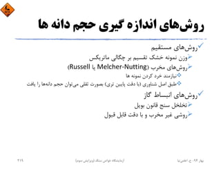 ‫روش‬‫ﻫﺎ‬ ‫داﻧﻪ‬ ‫ﺣﺠﻢ‬ ‫ﮔﻴﺮي‬ ‫اﻧﺪازه‬ ‫ﻫﺎي‬
‫روش‬‫ﻣﺴﺘﻘﻴﻢ‬ ‫ﻫﺎي‬
‫ﻣﺎﺗﺮﻳﻜﺲ‬ ‫ﭼﮕﺎﻟﻲ‬ ‫ﺑﺮ‬ ‫ﺗﻘﺴﻴﻢ‬ ‫ﺧﺸﻚ‬ ‫ﻧﻤﻮﻧﻪ‬ ‫وزن‬
‫روش‬‫ﻣﺨﺮب‬ ‫ﻫﺎي‬)Melcher‐Nutting‫ﻳﺎ‬Russell(
‫ﻫﺎ‬ ‫ﻧﻤﻮﻧﻪ‬ ‫ﻛﺮدن‬ ‫ﺧﺮد‬ ‫ﻧﻴﺎزﻣﻨﺪ‬
‫ﺷﻨﺎوري‬ ‫اﺻﻞ‬ ‫ﻃﺒﻖ‬)‫ﺗﺮي‬ ‫ﭘﺎﻳﻴﻦ‬ ‫دﻗﺖ‬ ‫ﺑﺎ‬(‫ﻣﻲ‬ ‫ﺛﻘﻠﻲ‬ ‫ﺑﺼﻮرت‬‫داﻧﻪ‬ ‫ﺣﺠﻢ‬ ‫ﺗﻮان‬‫ﻳﺎﻓ‬ ‫را‬ ‫ﻫﺎ‬‫ﺖ‬
‫روش‬‫ﮔﺎز‬ ‫اﻧﺒﺴﺎط‬ ‫ﻫﺎي‬
‫ﺑﻮﻳﻞ‬ ‫ﻗﺎﻧﻮن‬ ‫ﺳﻨﺞ‬ ‫ﺗﺨﻠﺨﻞ‬
‫ﻗﺒﻮل‬ ‫ﻗﺎﺑﻞ‬ ‫دﻗﺖ‬ ‫ﺑﺎ‬ ‫و‬ ‫ﻣﺨﺮب‬ ‫ﻏﻴﺮ‬ ‫روﺷﻲ‬
‫ﺑﻬﺎر‬94-‫ح‬.‫اﻋﻠﻤﻲ‬‫ﻧﻴﺎ‬‫ﺳﻨﮓ‬ ‫ﺧﻮاص‬ ‫آزﻣﺎﻳﺸﮕﺎه‬)‫ﺳﻮم‬ ‫وﻳﺮاﻳﺶ‬(219
 