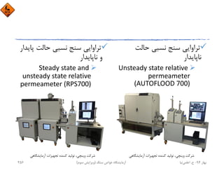 ‫ﺣﺎﻟﺖ‬ ‫ﻧﺴﺒﻲ‬ ‫ﺳﻨﺞ‬ ‫ﺗﺮاواﻳﻲ‬
‫ﻧﺎﭘﺎﻳﺪار‬
Unsteady state relative 
permeameter 
(AUTOFLOOD 700)
‫ﭘ‬ ‫ﺣﺎﻟﺖ‬ ‫ﻧﺴﺒﻲ‬ ‫ﺳﻨﺞ‬ ‫ﺗﺮاواﻳﻲ‬‫ﺎﻳﺪار‬
‫ﻧﺎﭘﺎﻳﺪار‬ ‫و‬
Steady state and 
unsteady state relative 
permeameter (RPS700)
‫آزﻣﺎﻳﺸﮕﺎﻫﻲ‬ ‫ﺗﺠﻬﻴﺰات‬ ‫ﻛﻨﻨﺪه‬ ‫ﺗﻮﻟﻴﺪ‬ ،‫وﻳﻨﭽﻲ‬ ‫ﺷﺮﻛﺖ‬ ‫آزﻣﺎﻳﺸﮕﺎﻫﻲ‬ ‫ﺗﺠﻬﻴﺰات‬ ‫ﻛﻨﻨﺪه‬ ‫ﺗﻮﻟﻴﺪ‬ ،‫وﻳﻨﭽﻲ‬ ‫ﺷﺮﻛﺖ‬
‫ﺑﻬﺎر‬94-‫ح‬.‫اﻋﻠﻤﻲ‬‫ﻧﻴﺎ‬‫ﺳﻨﮓ‬ ‫ﺧﻮاص‬ ‫آزﻣﺎﻳﺸﮕﺎه‬)‫ﺳﻮم‬ ‫وﻳﺮاﻳﺶ‬(256
 